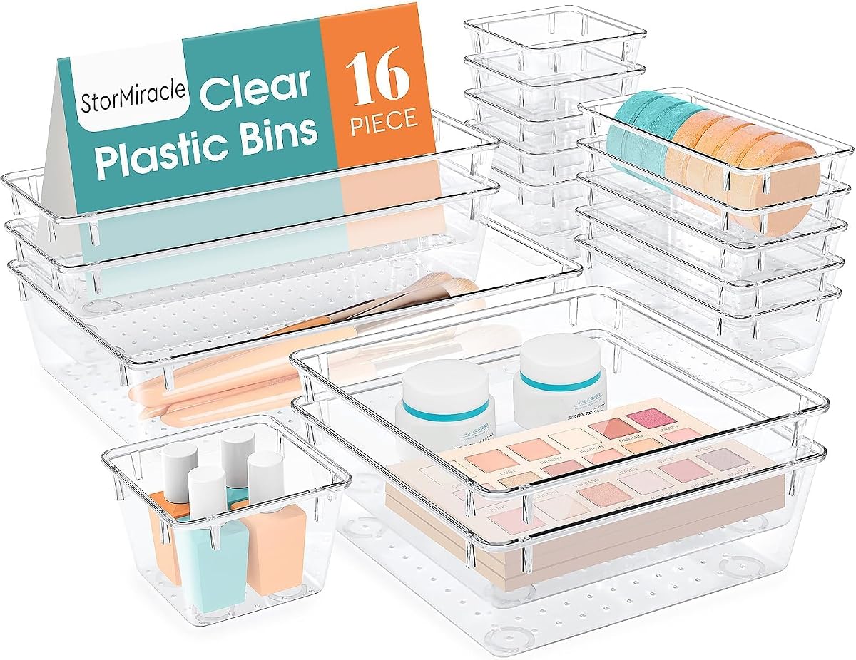 Juego de organizador de cajones de 16 piezas, bandejas organizadoras de baño y cocina de 5 tamaños | Bandejas organizadoras para cajones de baño y cocina, contenedores de almacenamiento transparentes para maquillaje, joyas, utensilios y gadgets