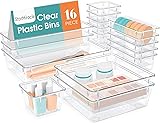 16 PCS Drawer Organizer Set, 5 Varied Size Bathroom and kitchen Drawer cabinet organizer Trays, Clear Storage Bins for Makeup, Jewelry, Utensils and Gadgets Clear 16 PCS