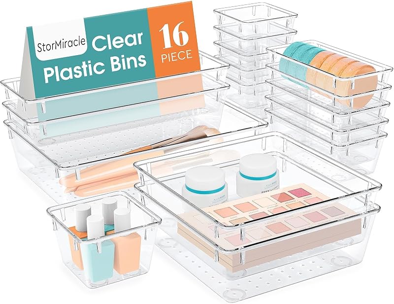 Juego de organizador de cajones de 16 piezas, bandejas organizadoras de baño y cocina de 5 tamaños | Bandejas organizadoras para cajones de baño y cocina, contenedores de almacenamiento transparentes para maquillaje, joyas, utensilios y gadgets