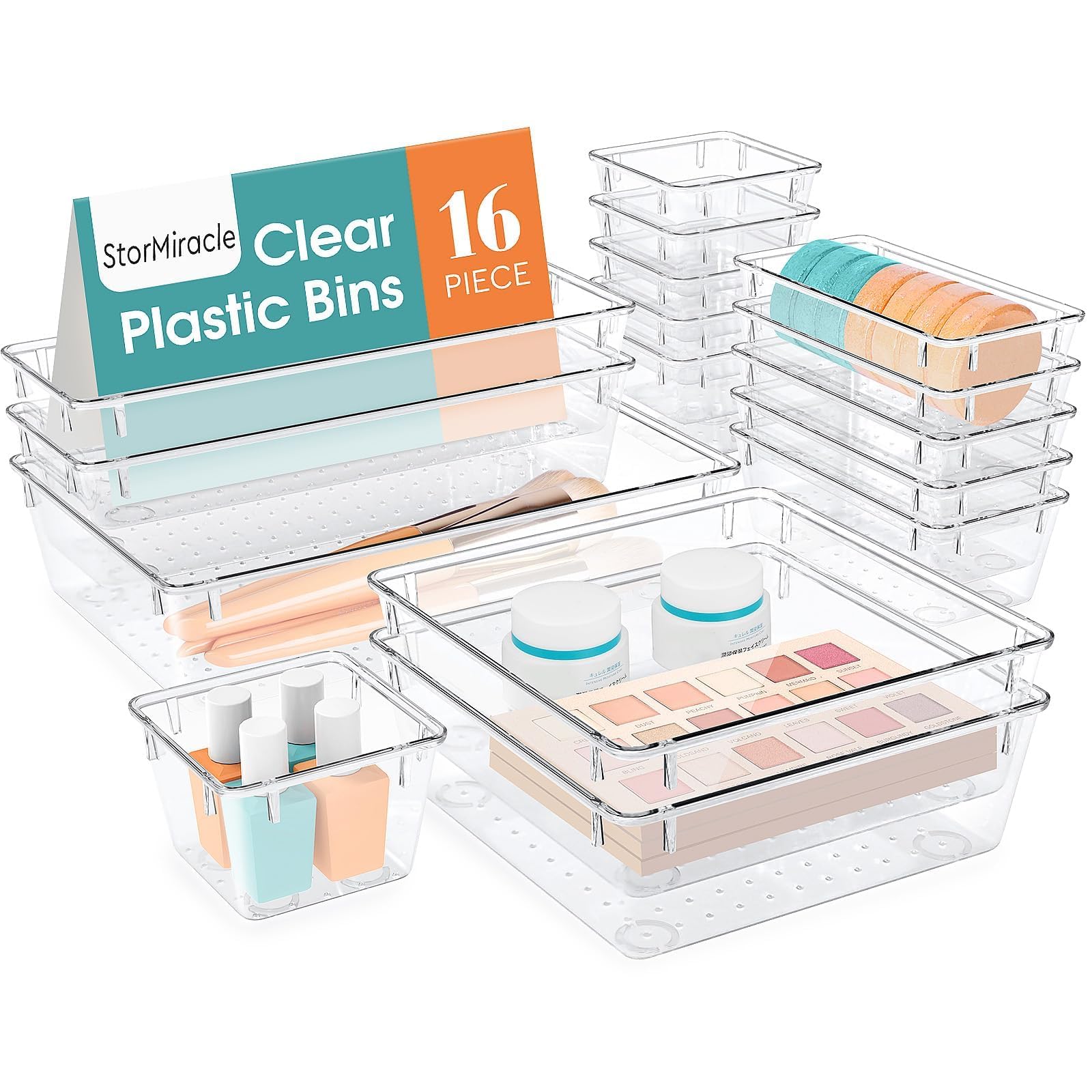 16 PCS Drawer Organizer Set, 5 Varied Size Bathroom and kitchen Drawer cabinet organizer Trays, Clear Storage Bins for Makeup, Jewelry, Utensils and Gadgets