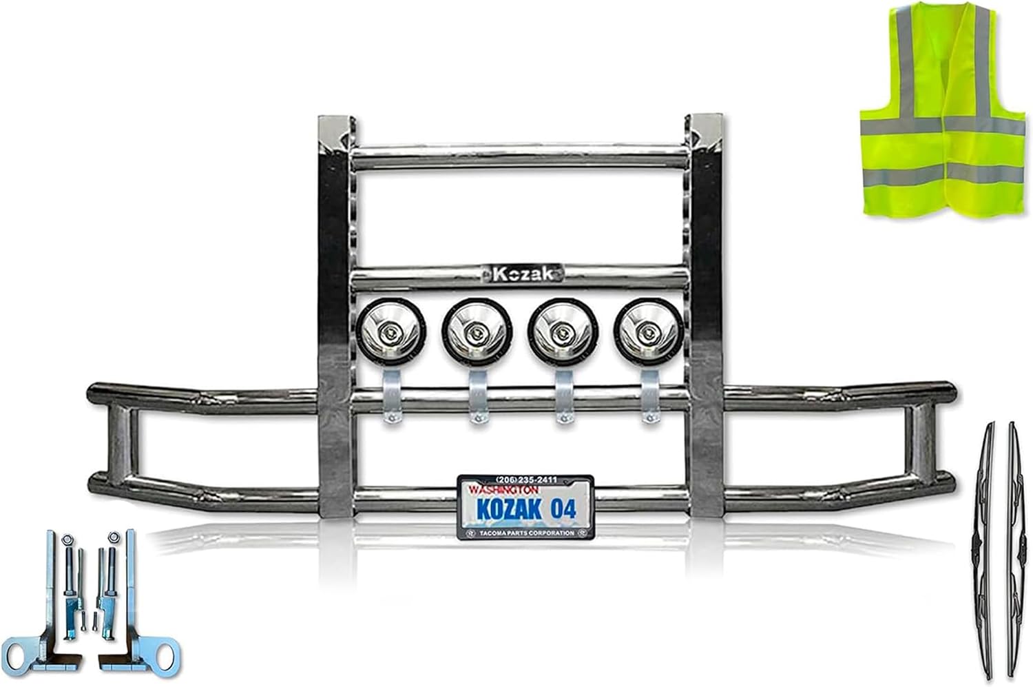 KOZAK Compatible with Peterbilt 579 2022+ No Fog Front Bumper Guard Deer Grille Guard Moose Plus 4X 6 LED Lights, 2x22 inch Windshield Wipers, Plate Holder and Frame, Mounting Brackets, Logo and Vest