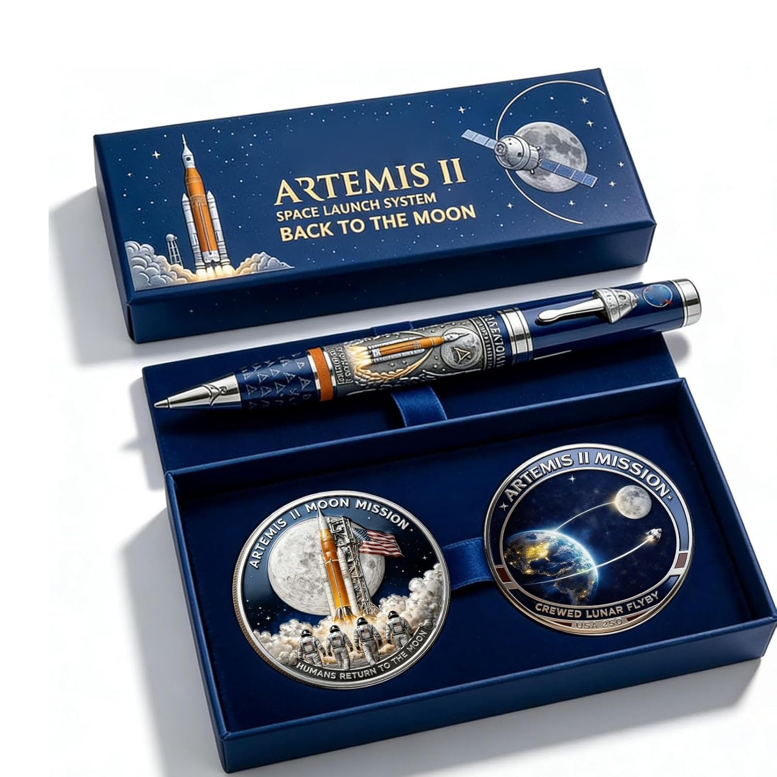 Artemis II Back to The Moon Mission Commemorative Pen with Coin, Rocket Astronaut Themed Ballpoint Pen for Space Lovers, Men, Office Desk Decor, Collector's Pen with Gift Box (03#)