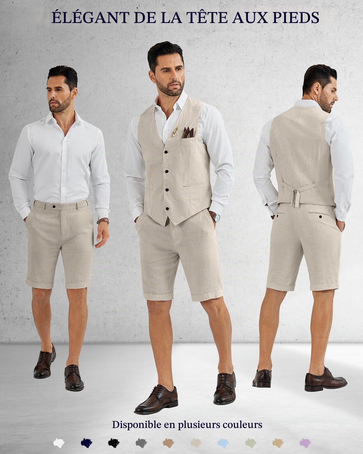 Costume 2 pièces en lin pour homme avec gilets courts et gilets pour homme - Tenue décontractée pour l'été, la plage, les garçons d'honneur, le mariage
