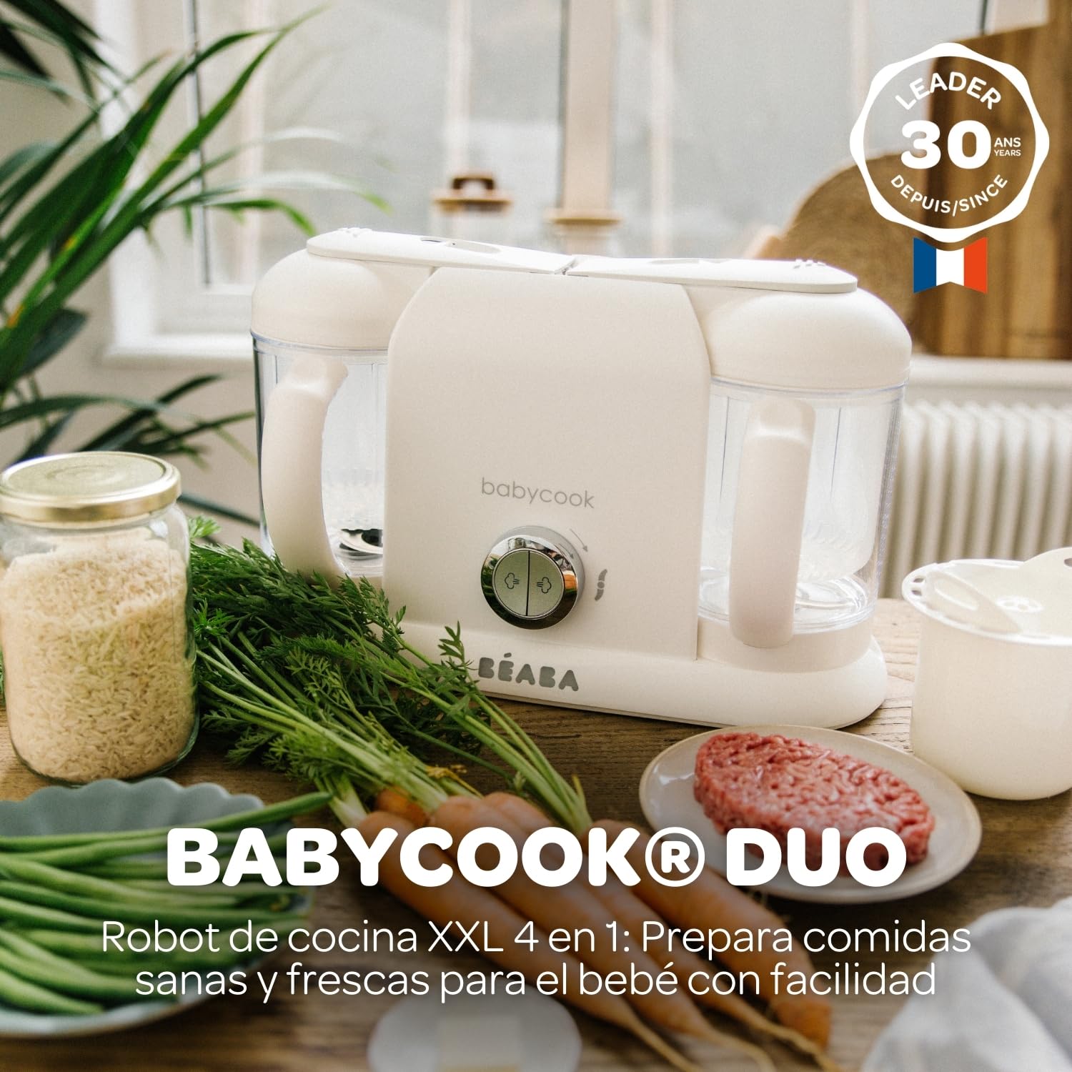 BÉABA Babycook Duo, Robot de cocina infantil 4 en 1, Tritura, cocina y cuece al vapor, Rápido en 15 minutos, Comida casera para bebés y niños, Capacidad XXL, 2 x 200 ml, Blanco/Plato