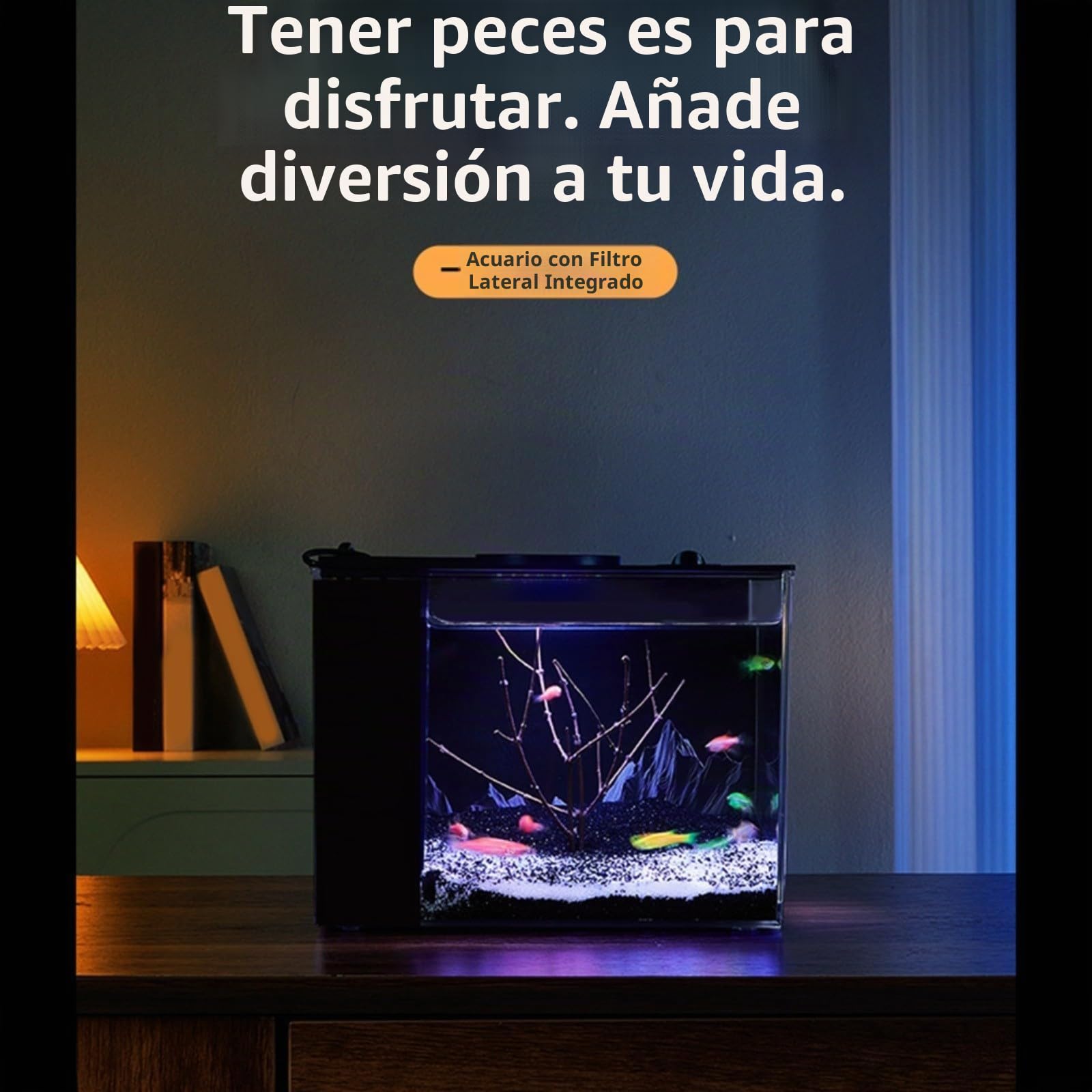 Acuario de mesa para el hogar con filtro lateral, filtración que mejora el oxígeno, bomba de flujo de 160 l/h, brillo ajustable de 10 niveles e iluminación LED (S)