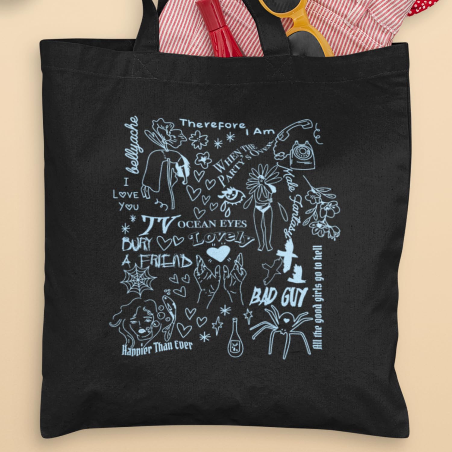 Willow Gifts Billie Doodle Tote Bag - Eilish Happier Than Ever Bad Guy Ocean Eyes Bury a Friend Carrier Shopper Shopping Bag (Black) - Image 3