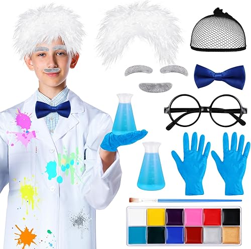 Bonuci 10 Pcs Halloween Mad Scientist Costume Set Scientist Wig Crazy Scientist Goggles Lab Coat Gloves for Boys and Girls