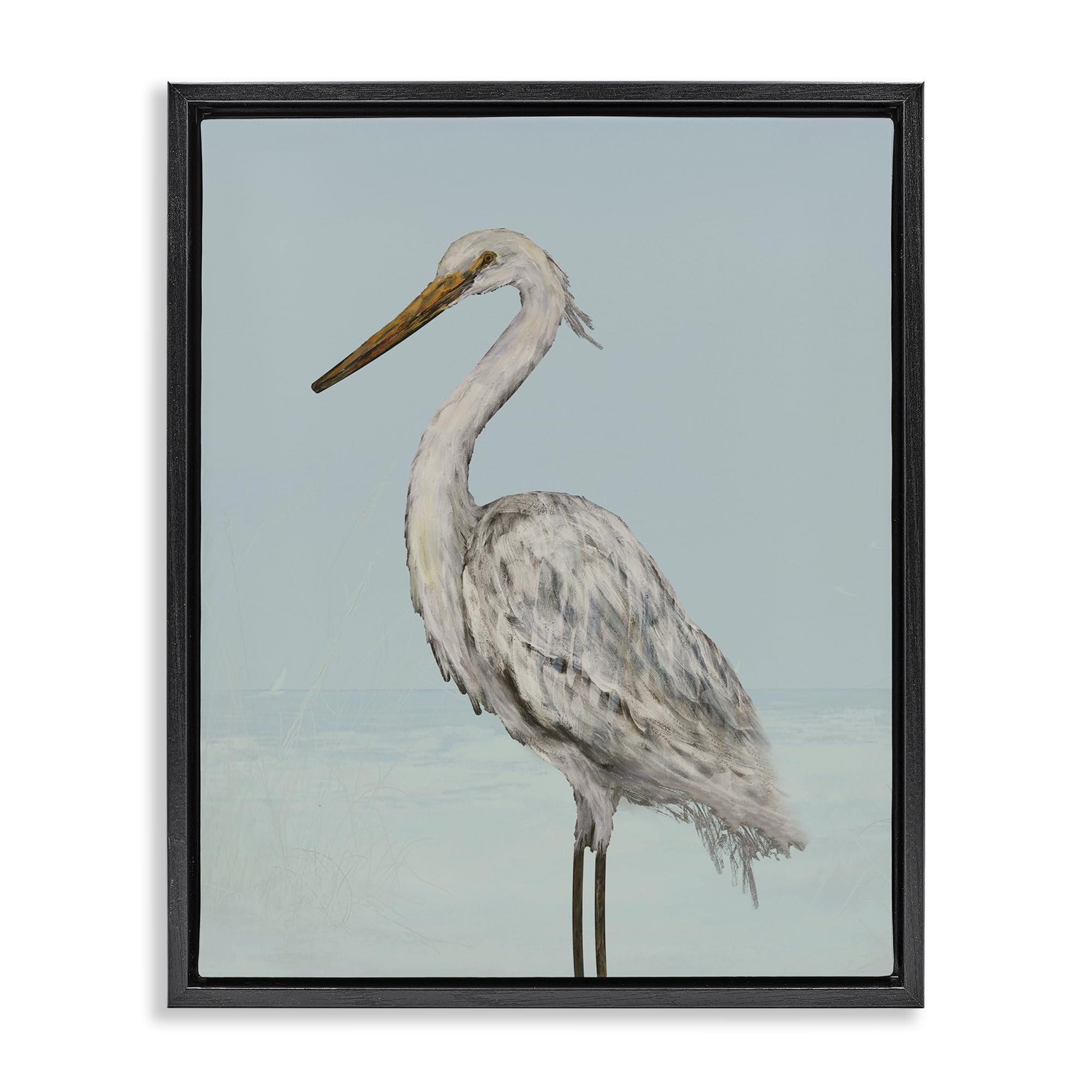 Stupell Industries 'Coastal Heron Muted Blue', Floating Frame Canvas Art, Black, 17 x 21 Inches, Easy to Hang and Sturdy, Made in USA, by Julie DeRice