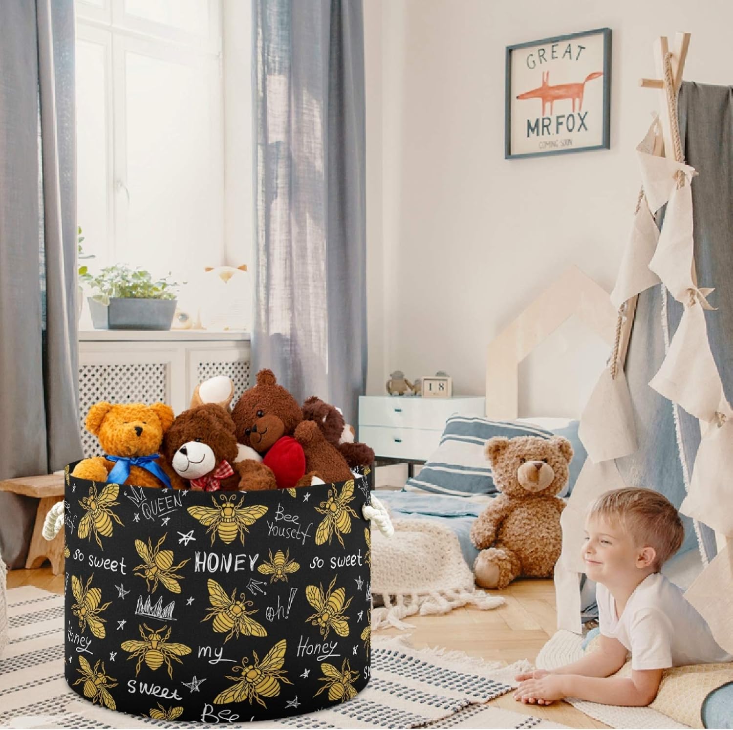 visesunny Storage Basket Golden Honey Bee Animal Nursery Hamper Canvas Fabric Toy Storage Organizer Bin Storage Box Laundry Basket for Kid Rooms,Playroom,Shelves,Toy Basket
