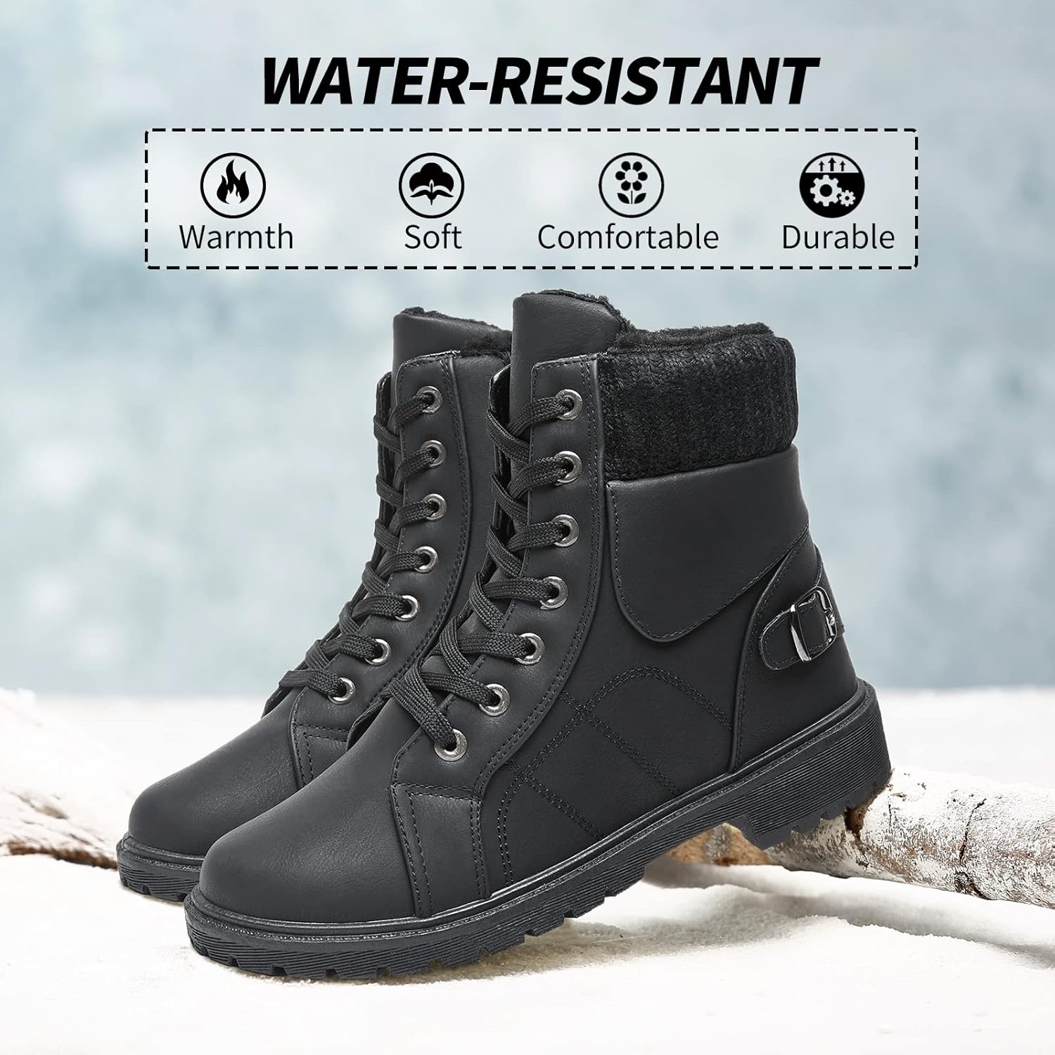 SERNIAL Womens Winter Snow Boots Fur Lined Ankle Boots White Black Side Zipper Booties - Image 6