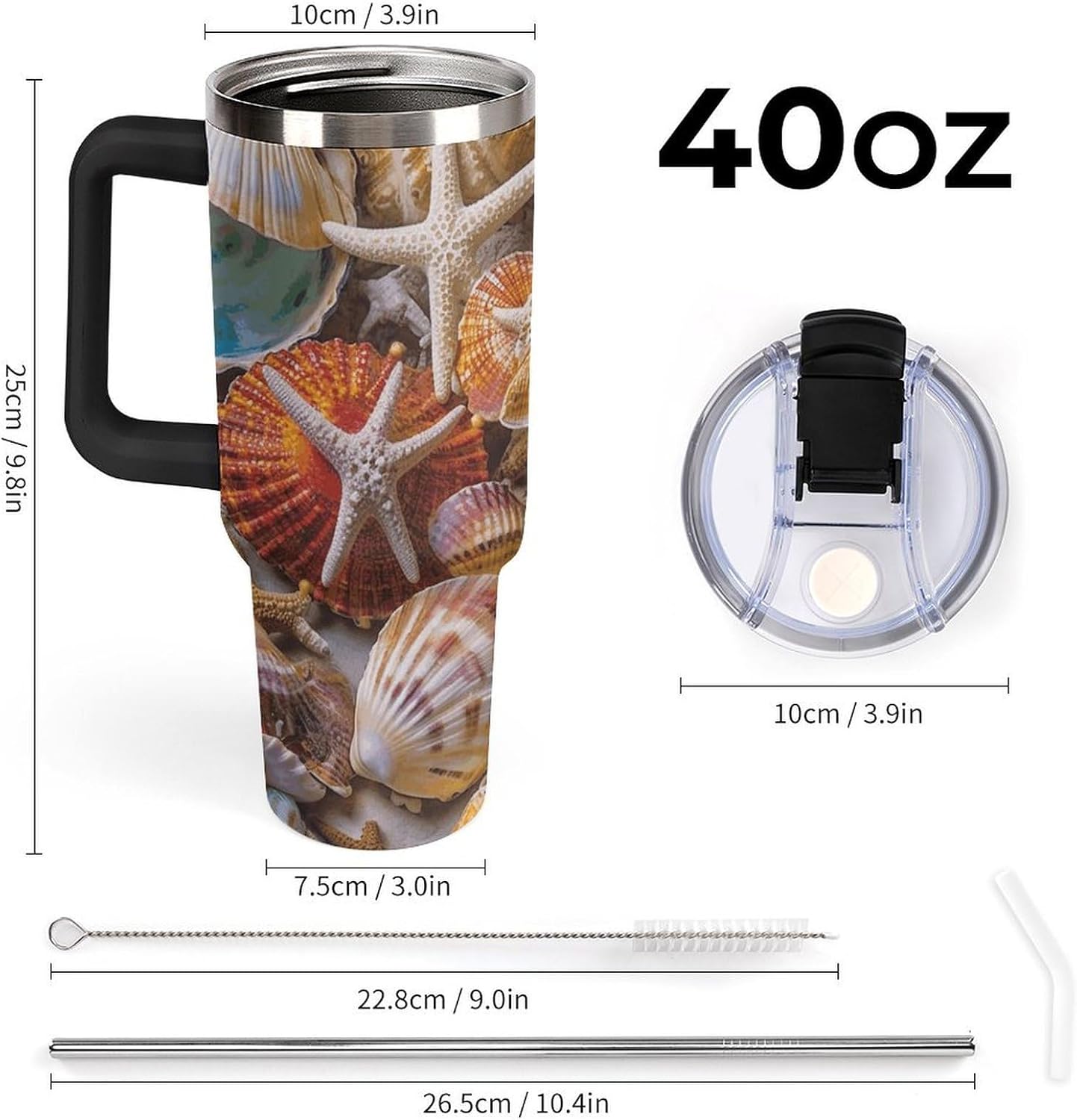 40 Oz Tumbler with Straw And Lid Sea Shell Treasures Insulated Travel Coffee Mug Stainless Steel Water Bottle Vacuum Insulated Tumblers for Sport Work Car Travel Weekends
