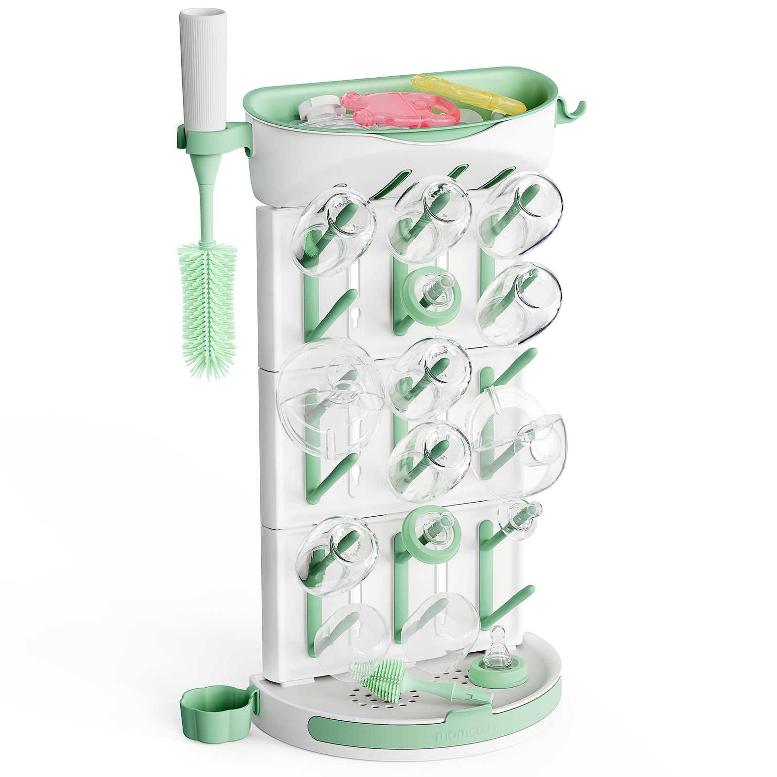 Baby Bottle Drying Rack, More Capacity, 18 Bottles as Maximum, Vertical Rack Available for Countertop, DIY Disassemblable & Space-saving Bottle Rack for Travel, Brush Holder Attached