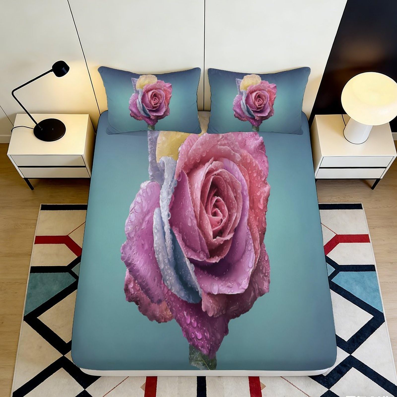 Kzqnxhjprl Style-2 3D Printed Pink Rose Fitted Sheet Microfiber Soft Non-Slip Purple Flower Bed Cover For Bedroom Guest Room Decor 90X200x25cm