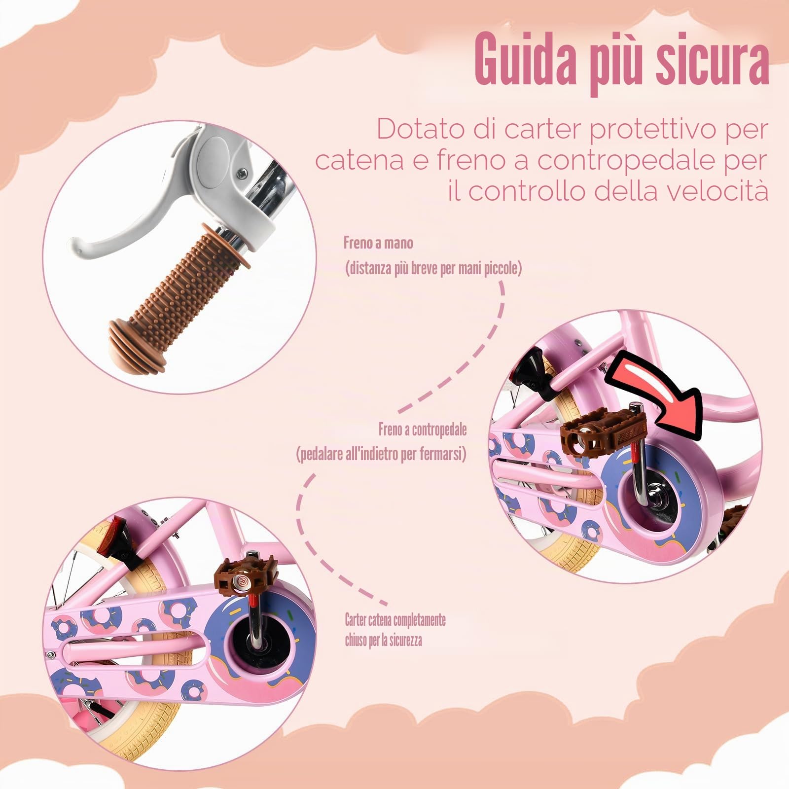 RULLY Bicicletta Bambina con Rotelle, Cestino e Seggiolino per Bambola, Sella Regolabile, per 2–7 Anni, Rosa/Viola/Blu