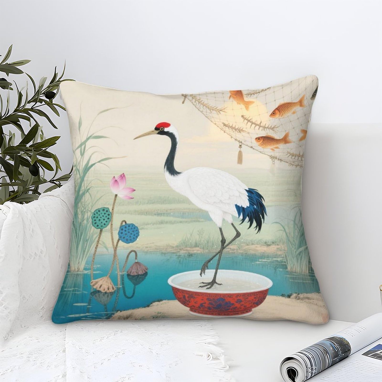 Yyvkpmlxc Style-3 Cushion Covers Red-Crowned Crane Modern Art Decorative,Oriental Natural Scene Oil Painting Square Pillow Cases Soft Polyester Throw Pillow Cases Outdoor Patio Garden Bench Sofa Decor 50X50cm