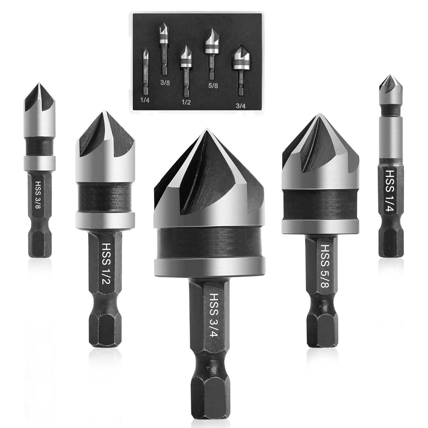 82 Degree 5 Flute Countersink Drill Bit Set - 5 Pcs HSS 1/4” Hex Shank (1/4" to 3/4" Sizes) for Metal,Carbon Steel, Wood | Heavy-Duty Aluminum Case, Countersink bit,Countersink bit for Metal