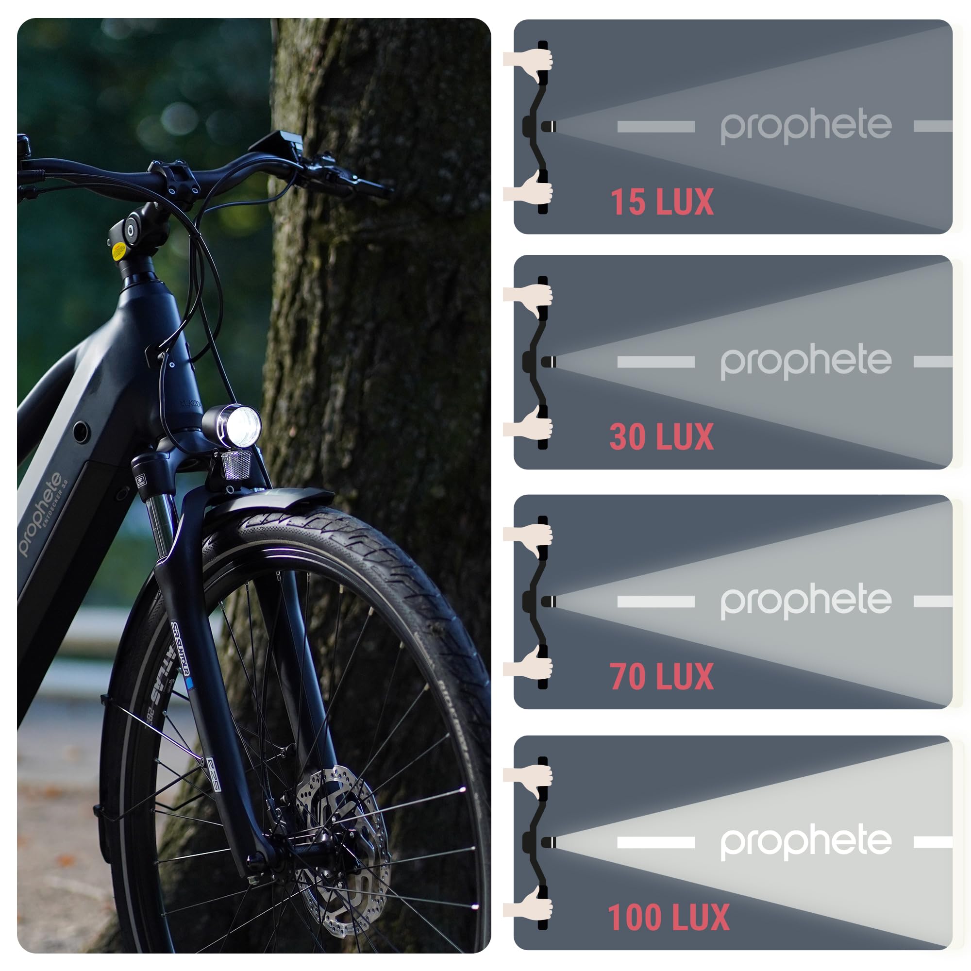Prophete Oświetlenie rowerowe – reflektor LED 15 luksów i tylne światło LED, łącznie z materiałem mocującym