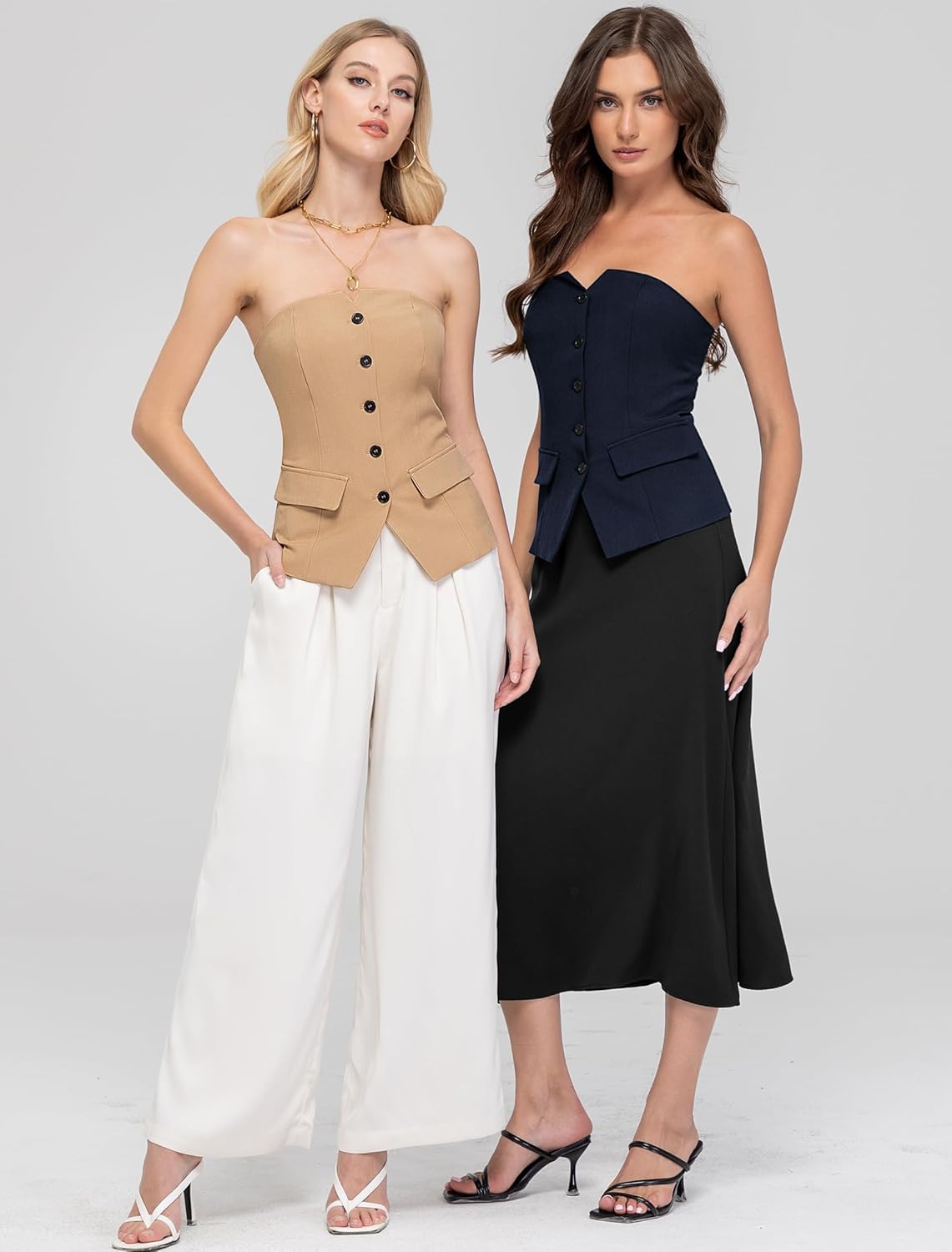 Women's Summer Strapless Vest Tops Notched Neck Tube Tops Button Fitted Sleeveless Work Business Blazer Vest - Image 4