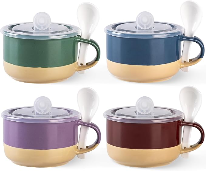 GBHOME Ceramic Soup Mugs with Handles and Lids,24 OZ Soup Cups Set of 4 with Terracotta Underside,Mug Bowls with Spoon for Soup/Cereal/Salad/Noodles/Ramen/Microware &Dishwasher Safe-Multicolor-2