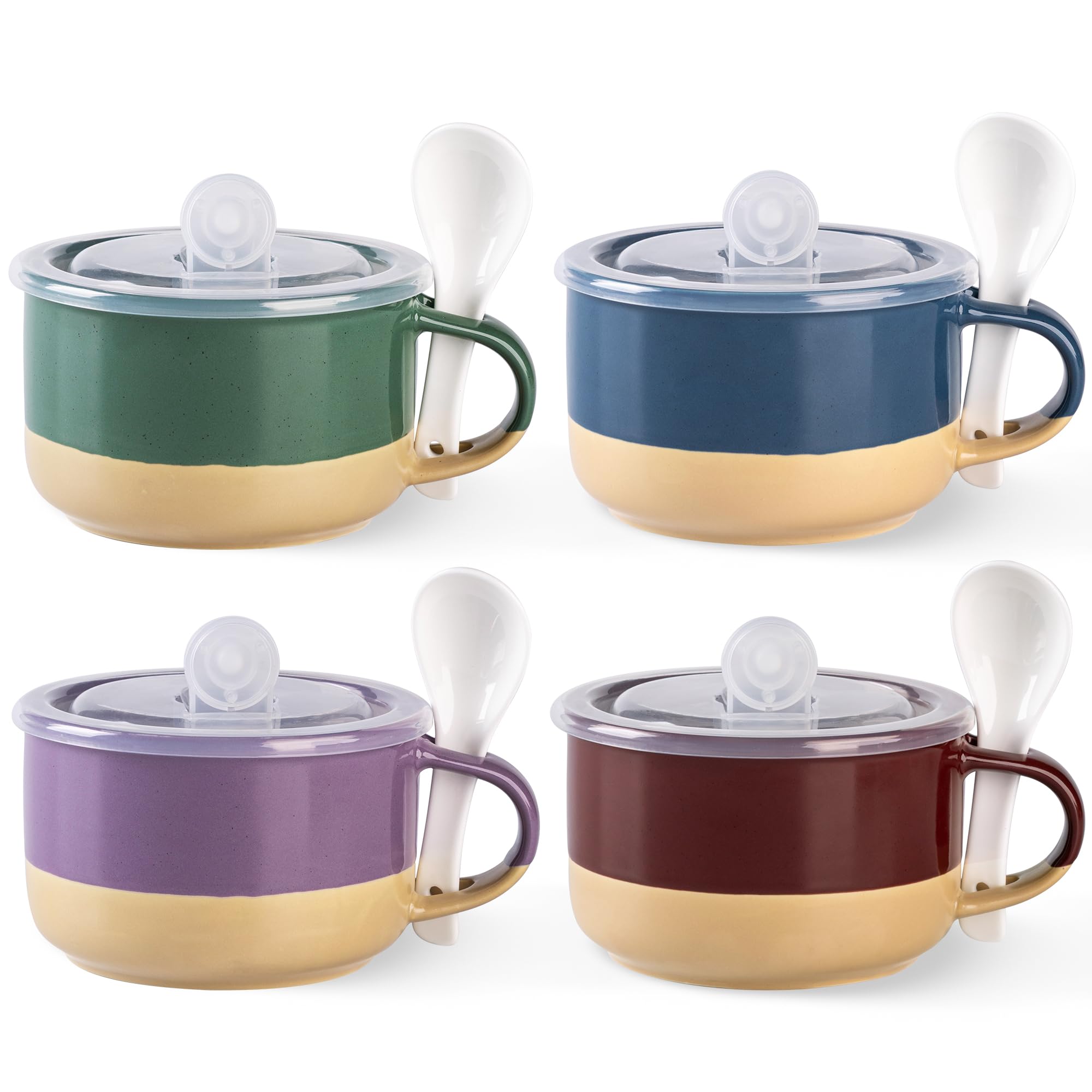 GBhome Ceramic Soup Mugs with Handles and Lids,24 OZ Soup Cups Set of 4 with Terracotta Underside,Mug Bowls with Spoon for Soup/Cereal/Salad/Noodles/Ramen/Microware &Dishwasher Safe-Multicolor-2