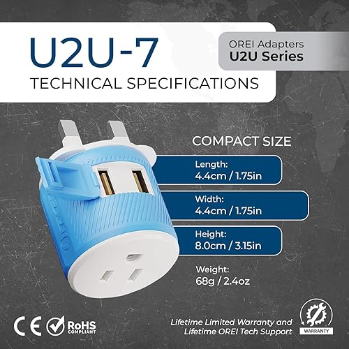 Miniatura 5 de OREI Adaptador de enchufe de viaje para Reino Unido, Irlanda, Dubai con doble USB, entrada de EE. UU., Tipo G (U2U-7), funcionará con teléfonos