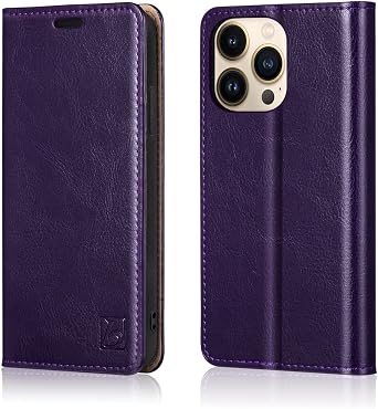 Belemay Compatible with iPhone 14 Pro Wallet Case-Genuine Leather Flip Phone Case-RFID Blocking Card Holders-Shockproof TPU Shell Folio Book Cover Women Men Compatible with iPhone 14 Pro 6.1" Purple