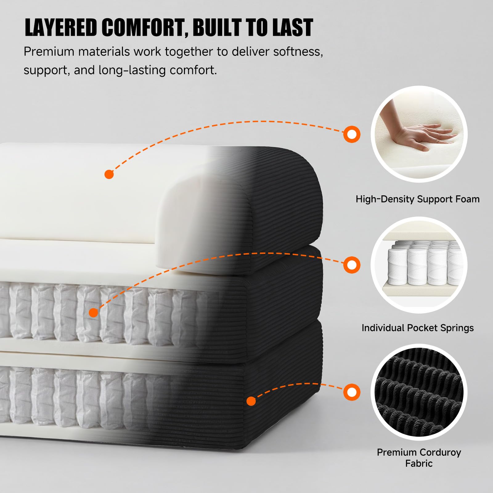 79" Boneless Couch, Convertible Sleeper Sofa Bed, Black | Corduroy Boneless Fold-Out Couch in a Box, 4-in-1 Loveseat/Futon Couch, High-Density Foam, No Assembly