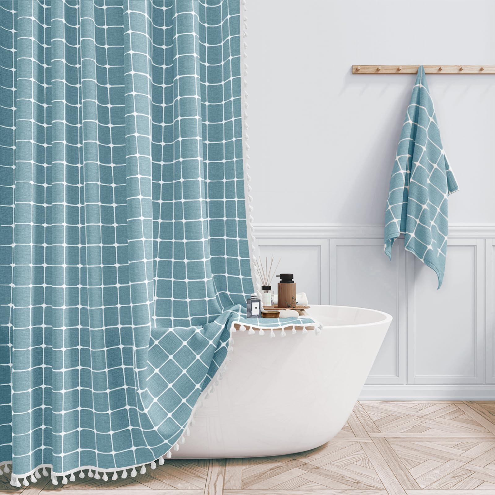 BTTN Boho Farmhouse Shower Curtain - Linen Rustic Heavy Duty Fabric Shower Curtain Set with Tassel, Water Repellent, Bohemian Vintage Country Cloth