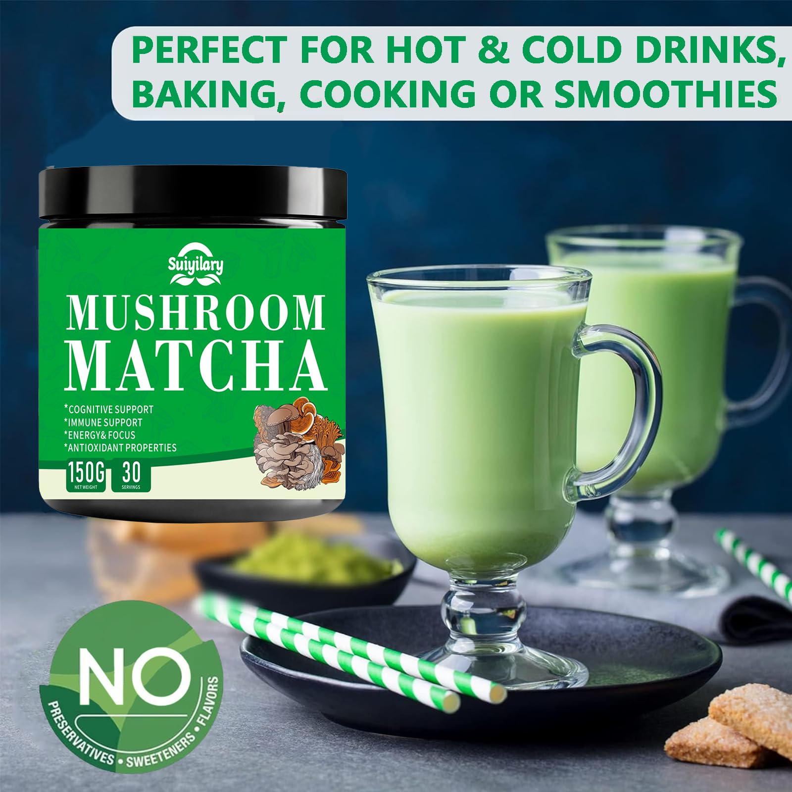 Mushroom Matcha Ceremonial Matcha Tea Powder with 7 Superfood Mushrooms Gluten Free Taste Great Hot or Cold Matcha — view 6