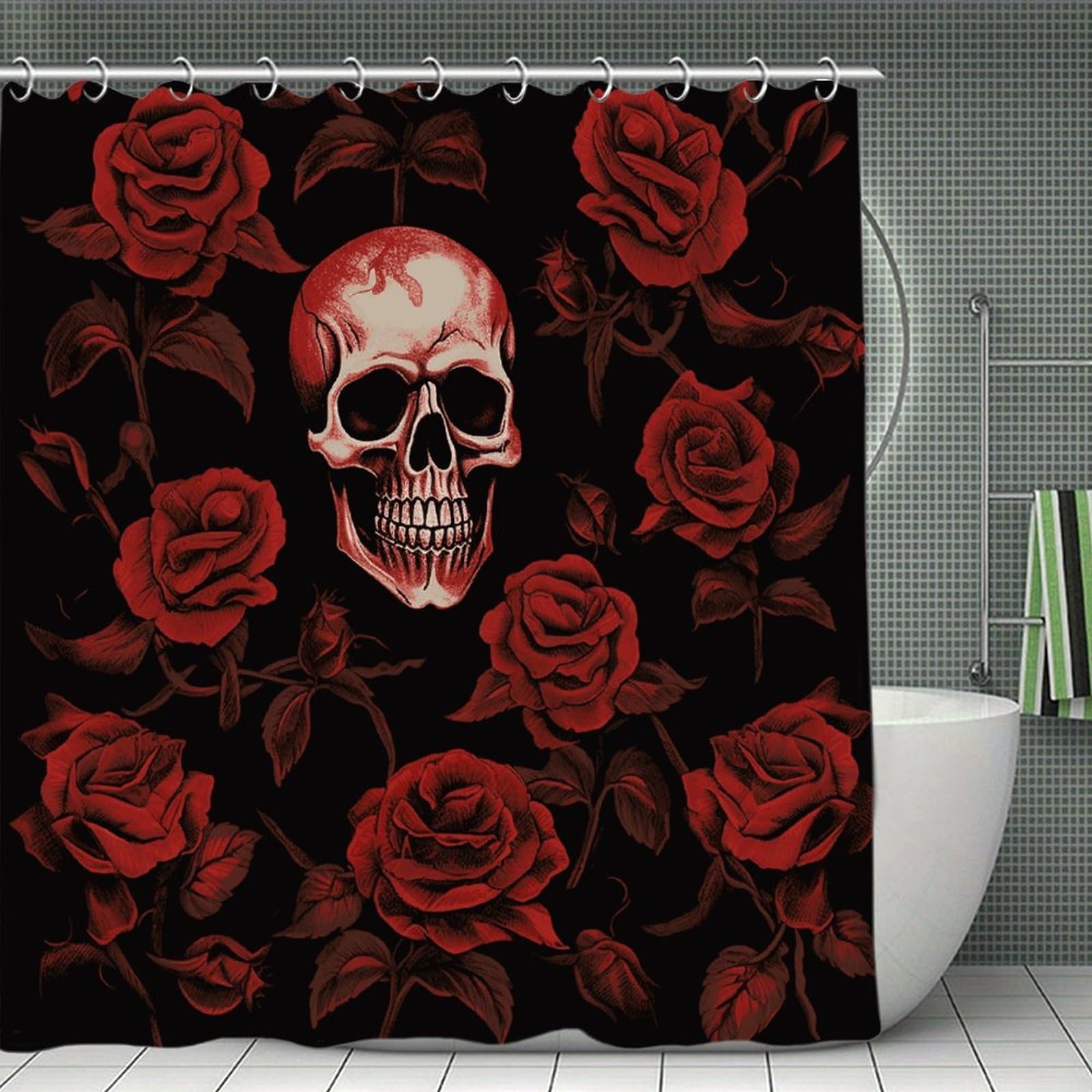 FekiLoot Skull Rose Shower Curtain with Hooks Modern Farmhouse Bathroom Curtain Waterproof Cloth Bath Curtains Cute Washable Blackout Privacy Curtains for Bathroom Bathtub 70.8"x70.8"
