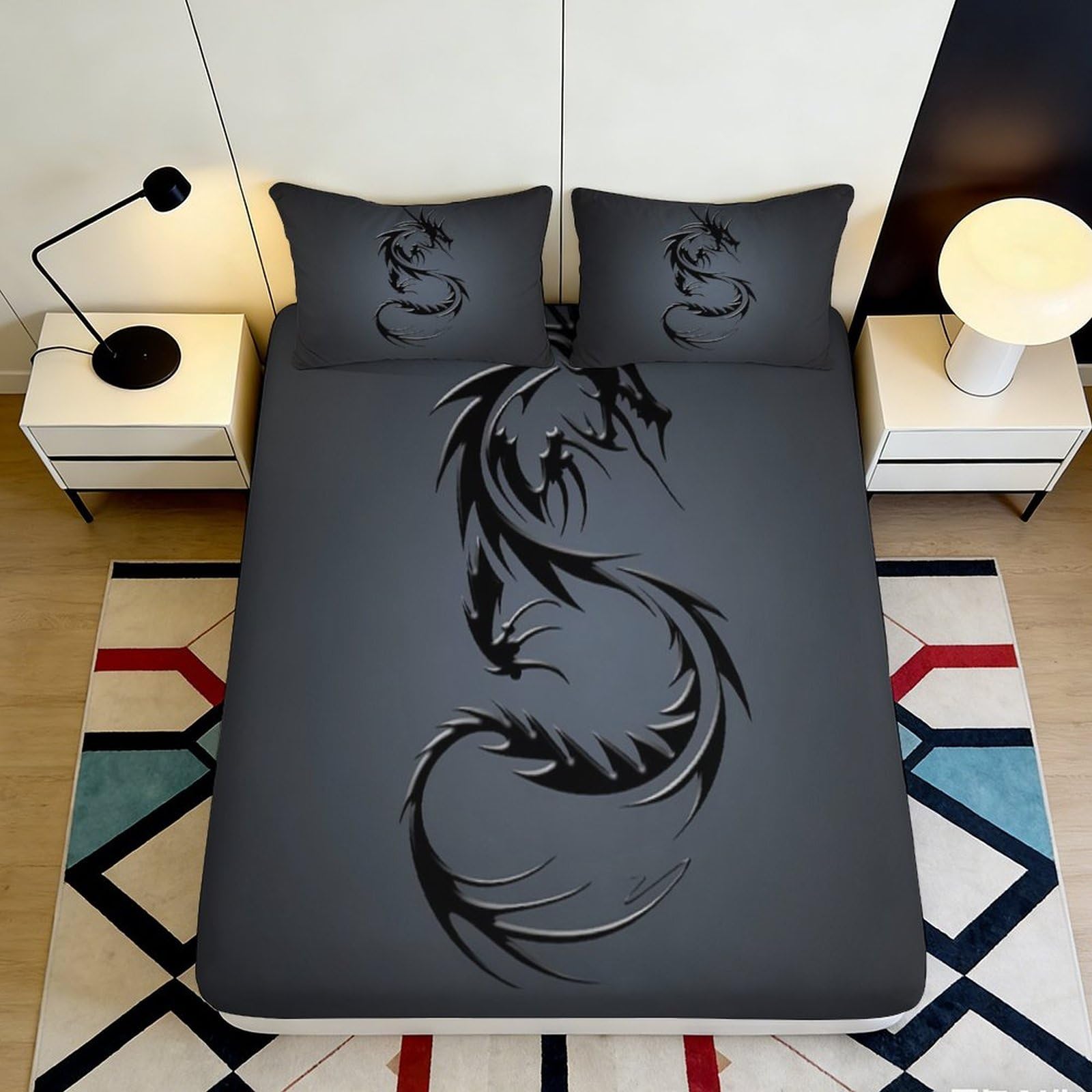 3D Printed Black Dragon Fitted Sheet Microfiber Durable Soft 3D Printed Tribal Dragon Mattress Cover for Bedroom Dormitory Guest Room Protection 140x200x25cm