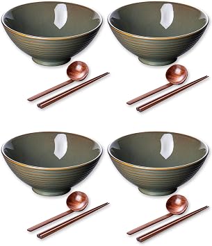 Large Japanese Ramen Bowl Set of 4, Material Safety Ceramic Ramen Bowls with Matching Chopsticks and Spoons, 8 Inch 40oz Pho Bowls Ramen Noodle Bowl for Asian Udon Soup Salad CerealRetro Cyan