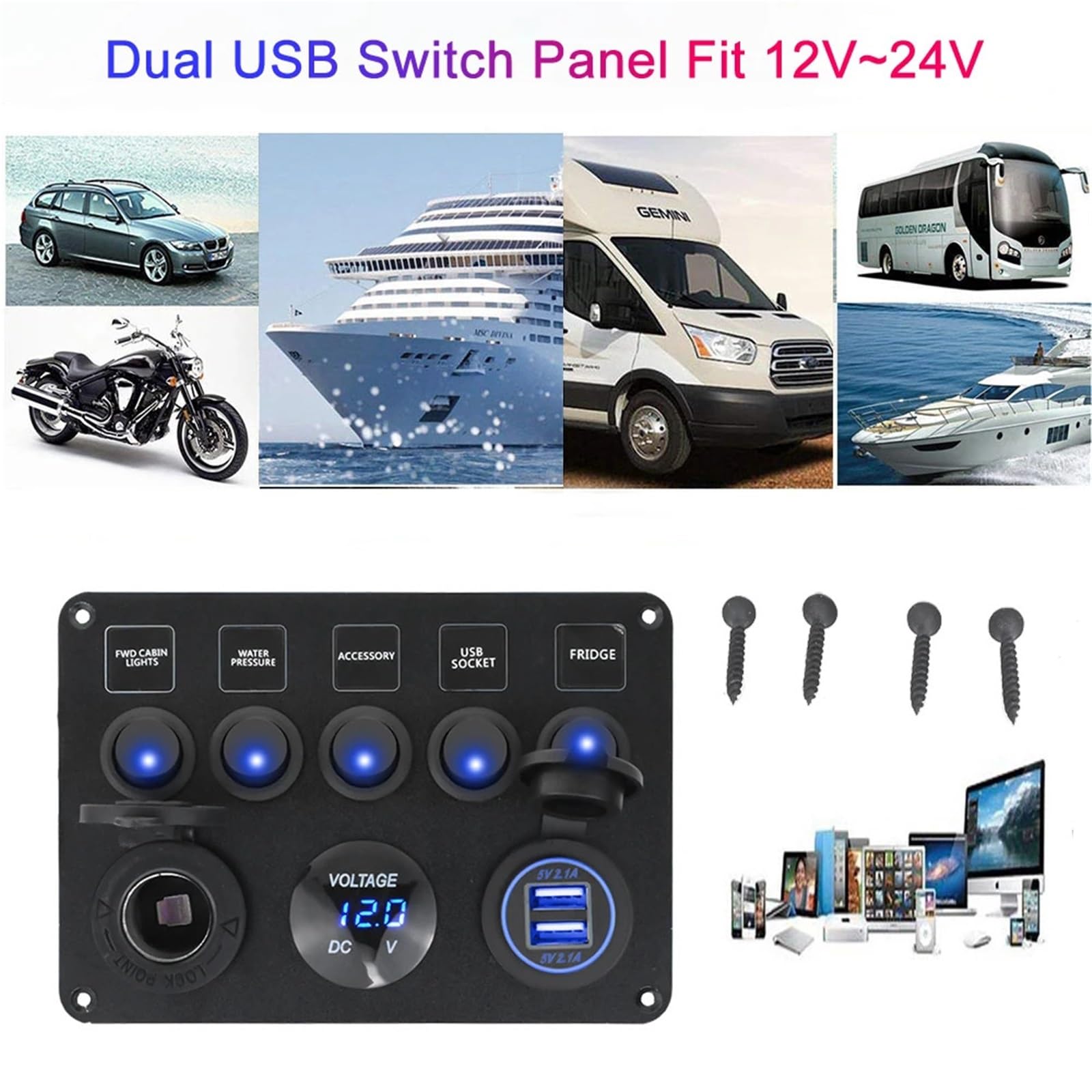 Panel przełączników łodzi samochodowych Wodoodporny cyfrowy woltomierz Podwójny port USB Gniazdo 12 V Kombinacja morskich diod LED Rocker 5 Gang(Green)
