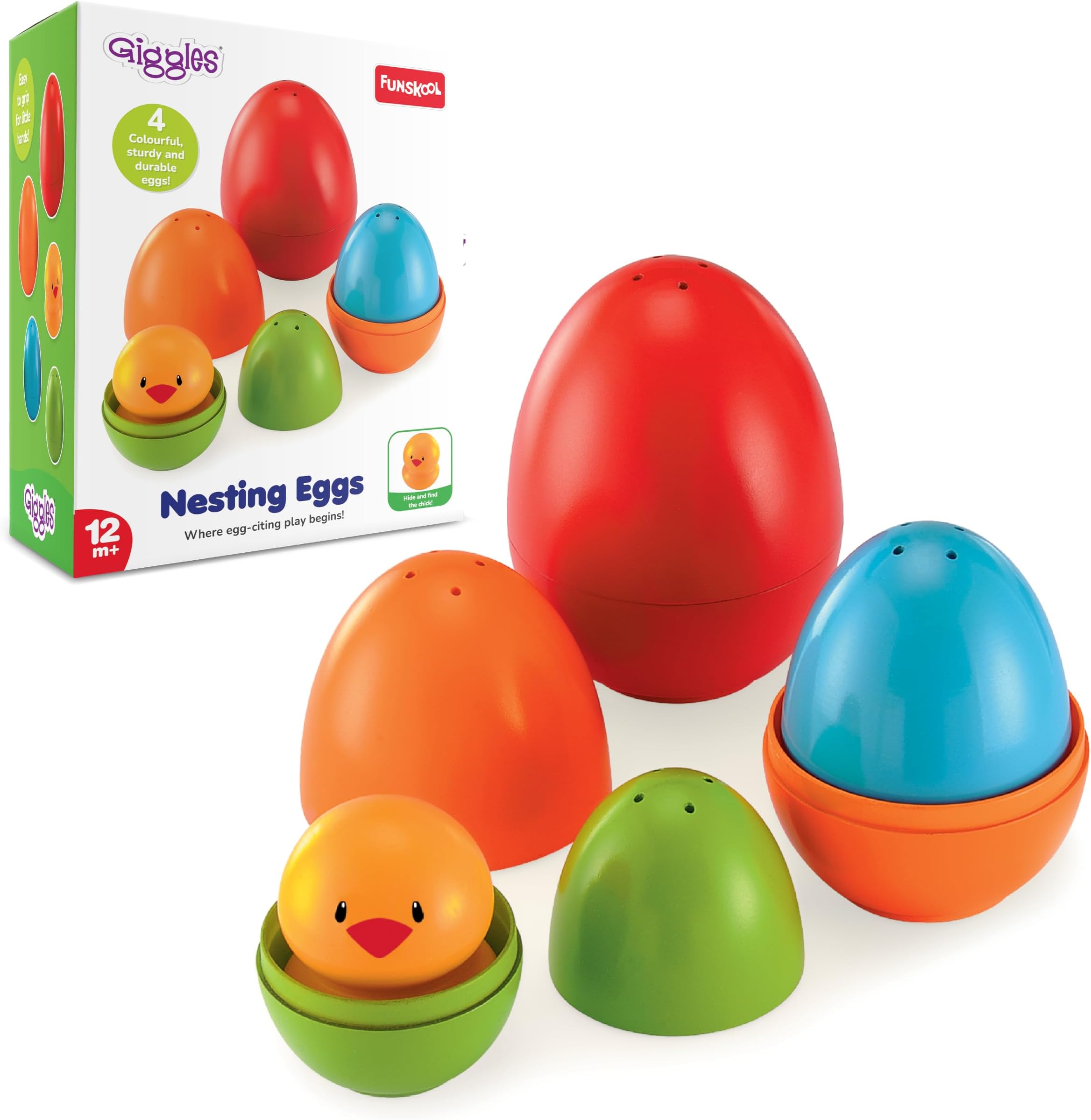 Giggles Funskool Plastic Eggs Nesting Toy With A Chick,Helps To Match,Nest And Discover,12 Months&Above,Infant And Preschool Toys,Multi Color Pack of 4 Pcs