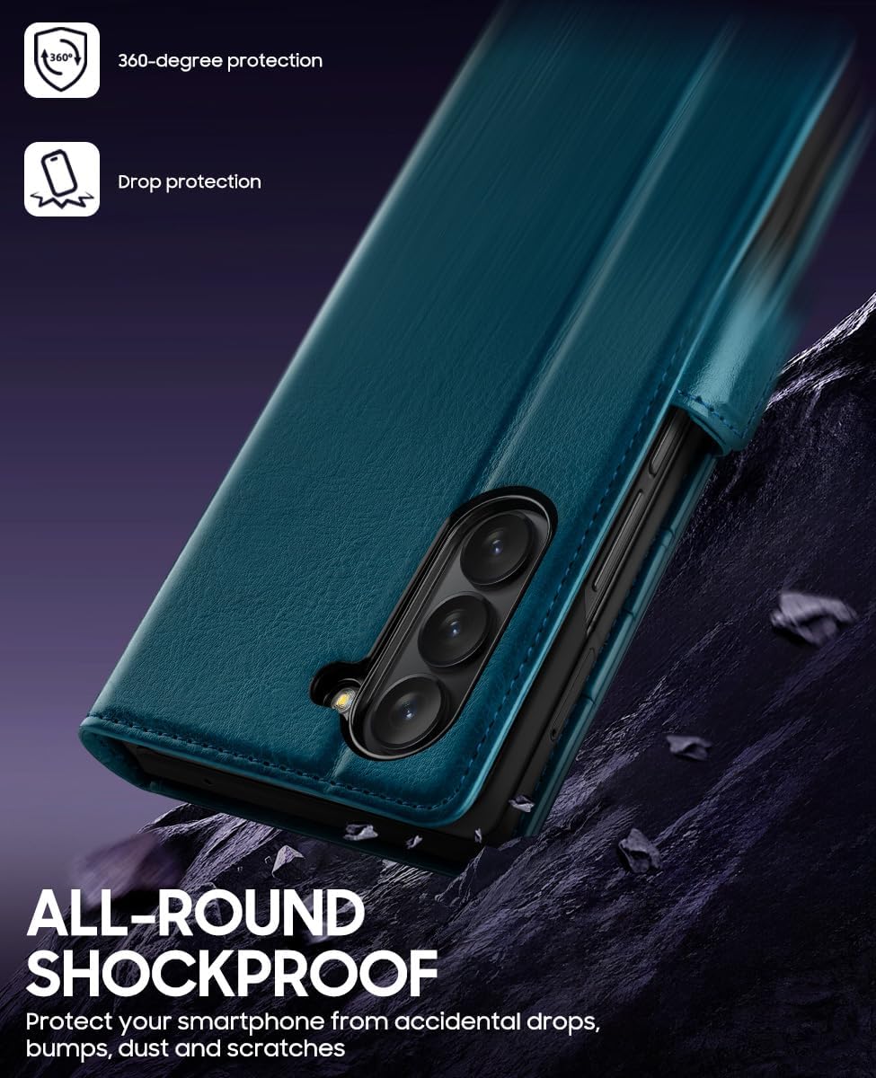 OCASE Compatible with Samsung Galaxy Z Fold7 Wallet Case PU Leather Flip Folio Phone Cover with Card Slots, RFID Blocking, Kickstand & Wrist Strap for Z Fold 7 2025, Peacock Blue