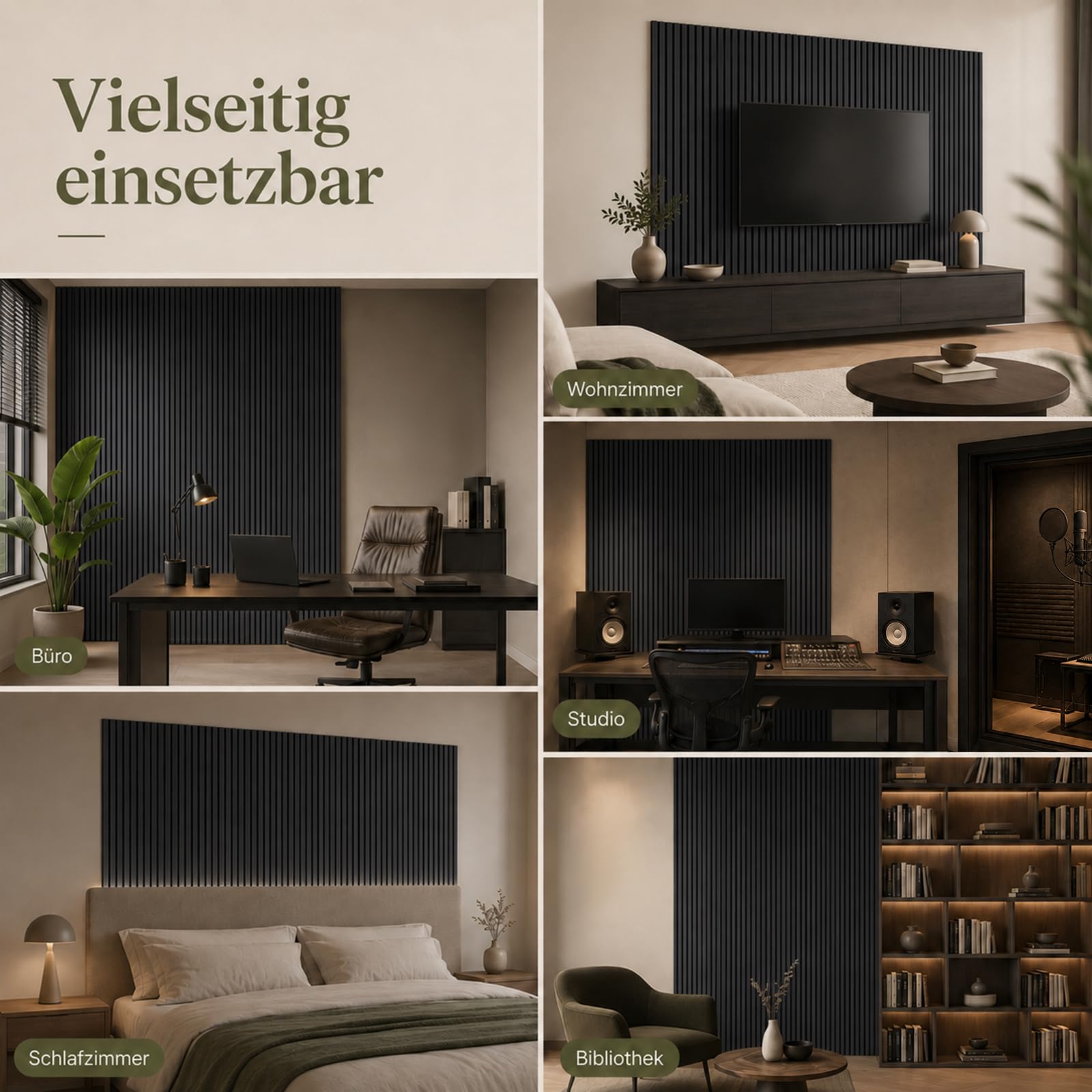 AKK-STAVE Akustikpaneele selbstklebend, 2,88m² 4er-Set (120x60cm) – 3D Wandpaneele Holzoptik, schallabsorbierende Wandverkleidung für Wohnzimmer, Büro (22# Schwarz)