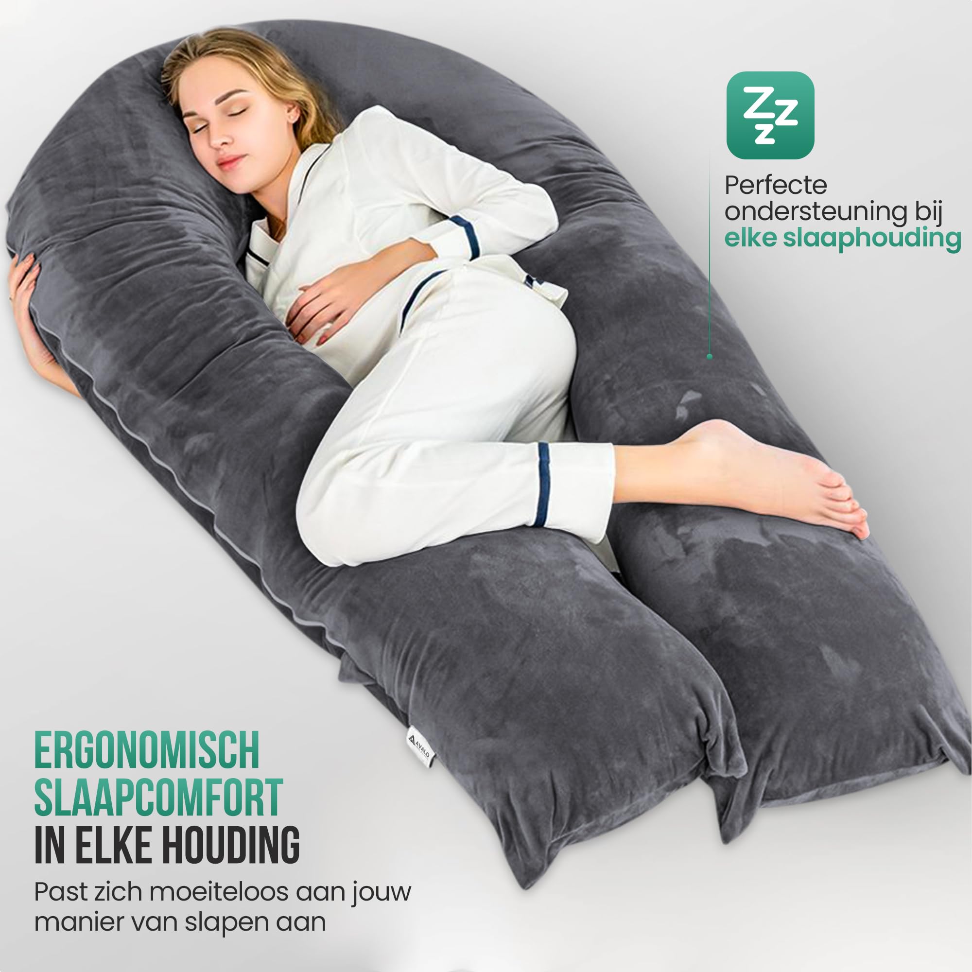 Avalo Cojín de Maternidad XXL 280 cm - Cojín lateral en forma de U - Cojín ergonómico para el cuerpo - Cojín de Nutrición y Almohada para el Cuerpo para Mujeres Embarazadas - Gris Oscuro