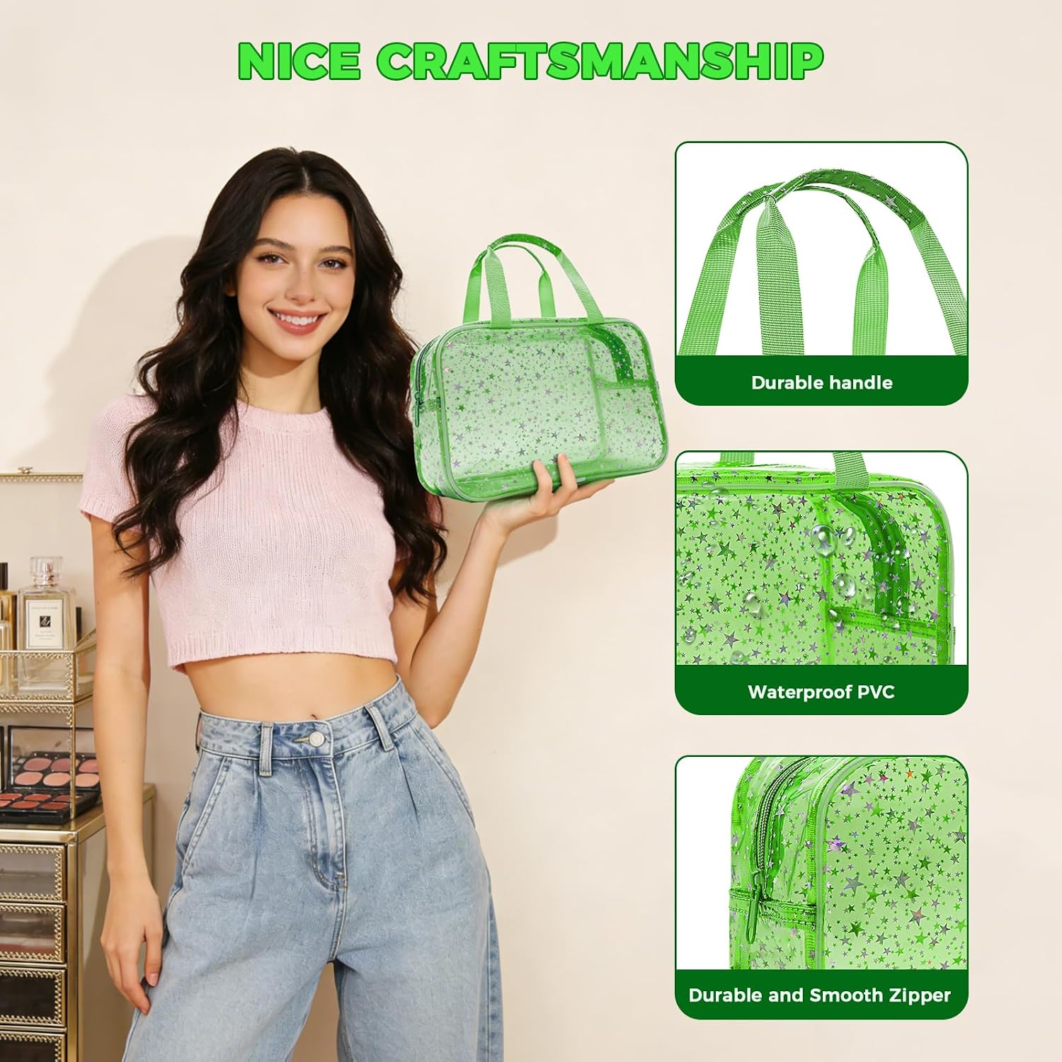 Large Clear Makeup Bag 12x5x8 Green Star Pattern - Waterproof PVC Travel Cosmetic Organizer with Handle, Durable Transparent Toiletry Case for Women Girls Travel Gym Beach Storage thumbnail