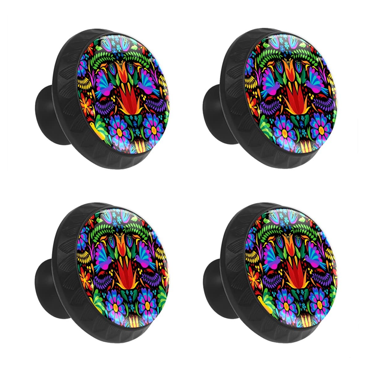 4 Pcs Cabinet Drawer Knobs Mexican Color Bird Flower Leaves Decorative Round Crystal Glass Furniture Drawer Handles Dresser Cupboard Pulls with Screws