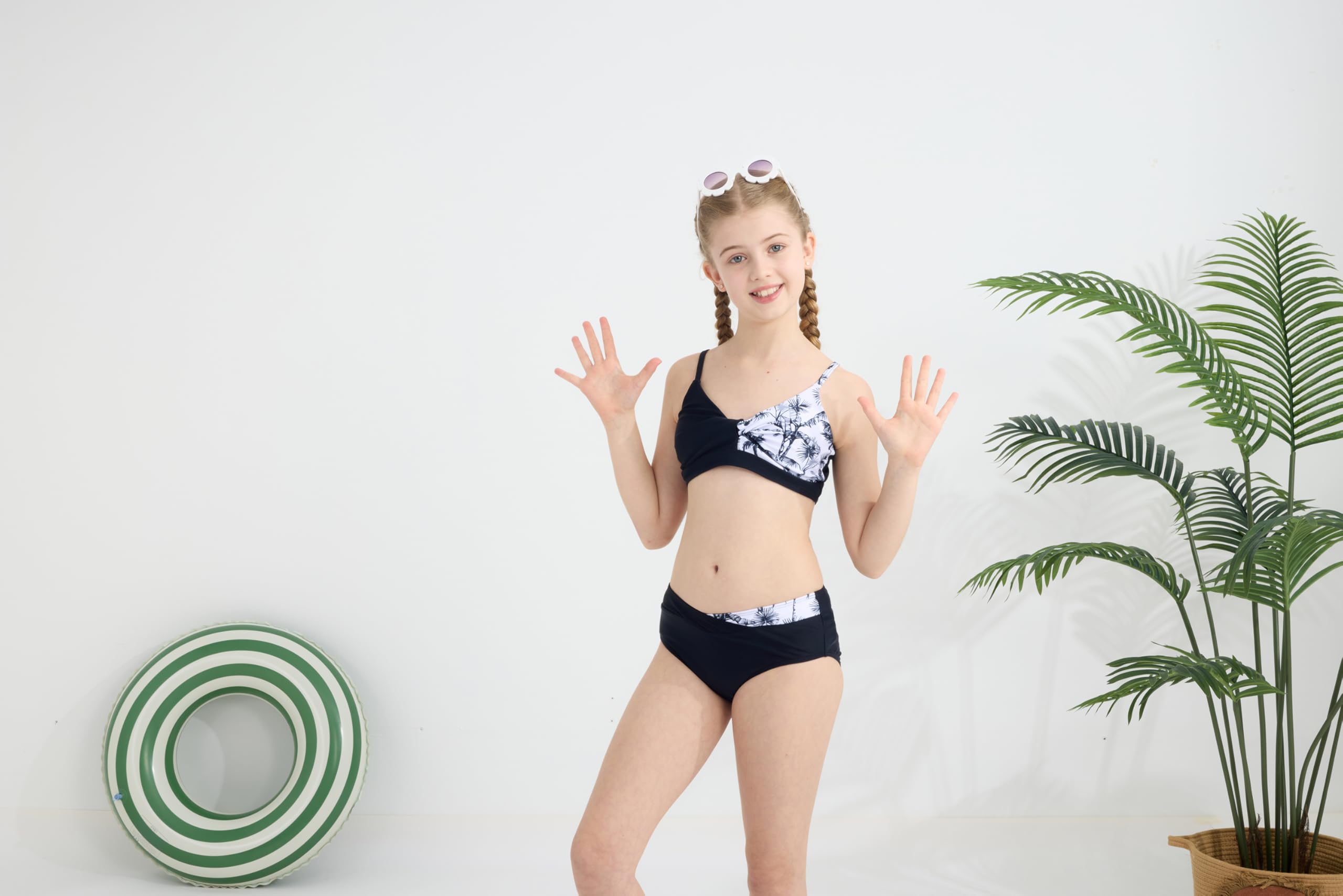 Bkixhv Girls 2 Piece Swimsuit Bikini Set Color Block Tropical Floral Bathing Suit Girls' Cute Swimwear