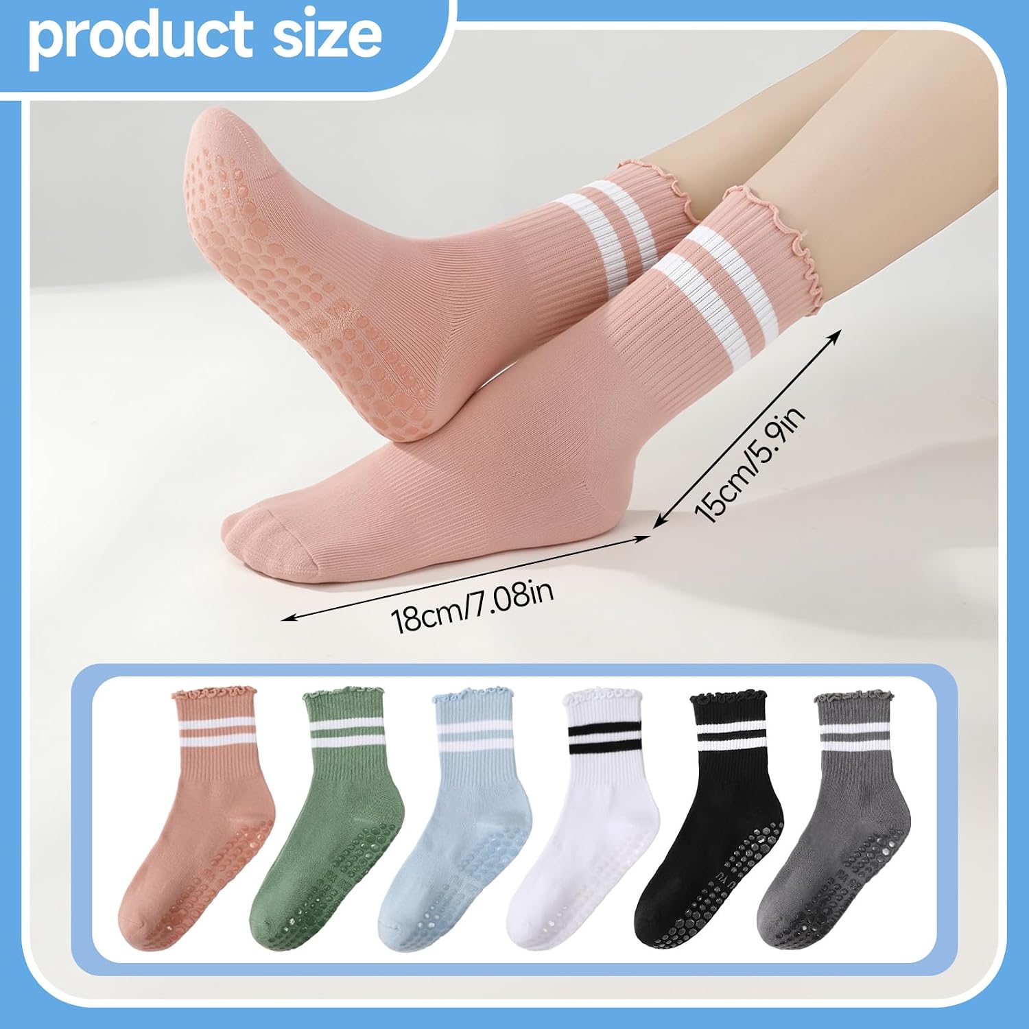 Pilates Grip Socks for Women, 6-Pack Striped Non-Slip Yoga Socks, Grippy Barre Workout Socks for Ballet