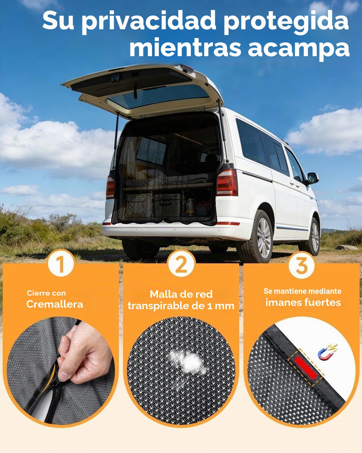 Mosquitera para VW T5 T6, puerta trasera 155 * 170 cm | Con cremallera y imanes para protección solar y contra el polvo | Ideal para camping, pernoctar en el coche y ventilación en viajes