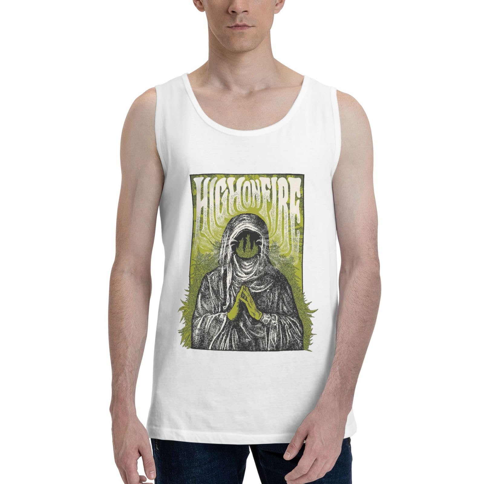 High On Metal Fire Men's Muscle Vest T-Shirts Cool Cycling Sleeveless T Shirts White X-Large