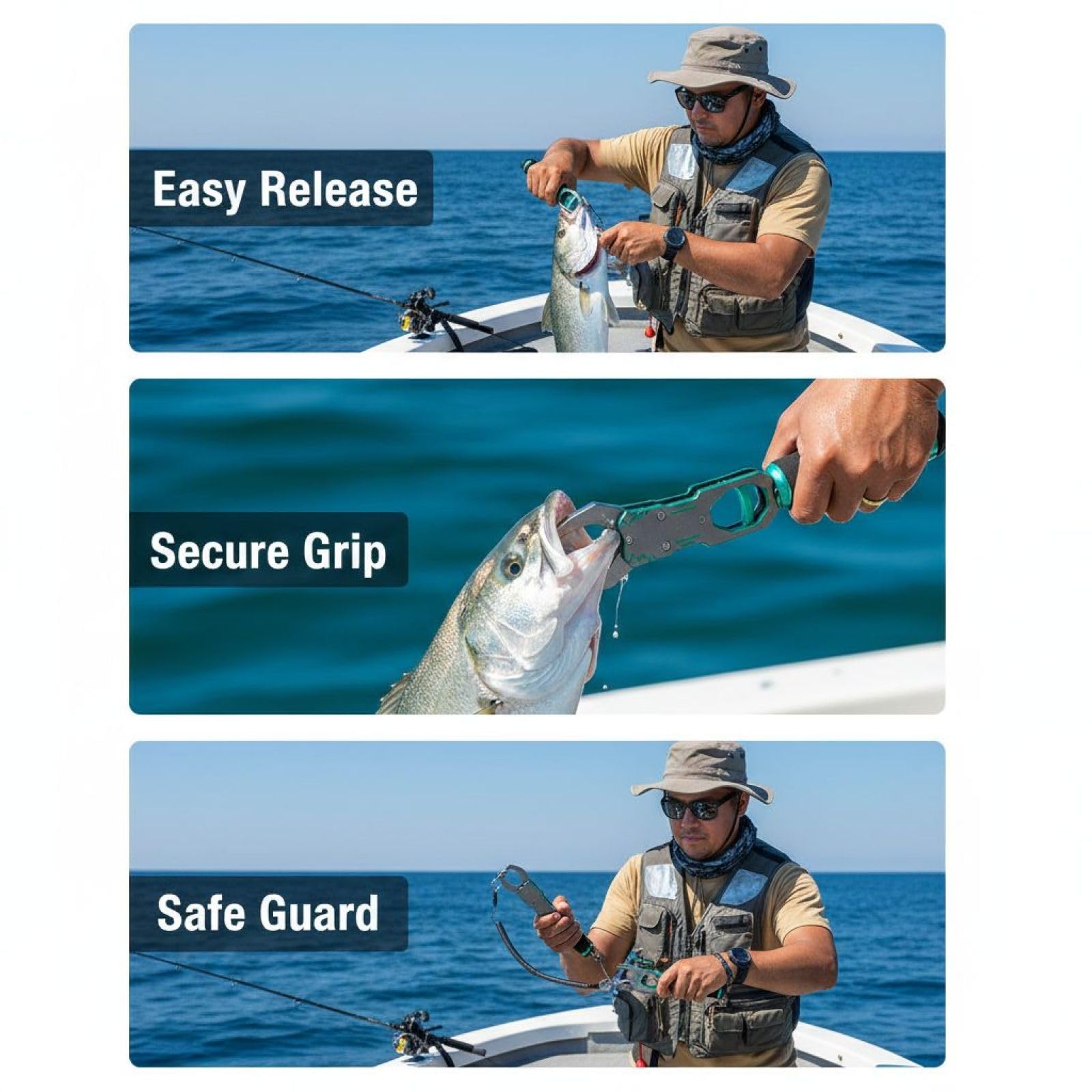 Generisch Herramienta de pesca de aluminio de 11 in / 28 cm para agarrar y controlar, ligera y resistente a la corrosión, con agarre seguro, mango giratorio de 360 grados y cuerda antipérdida