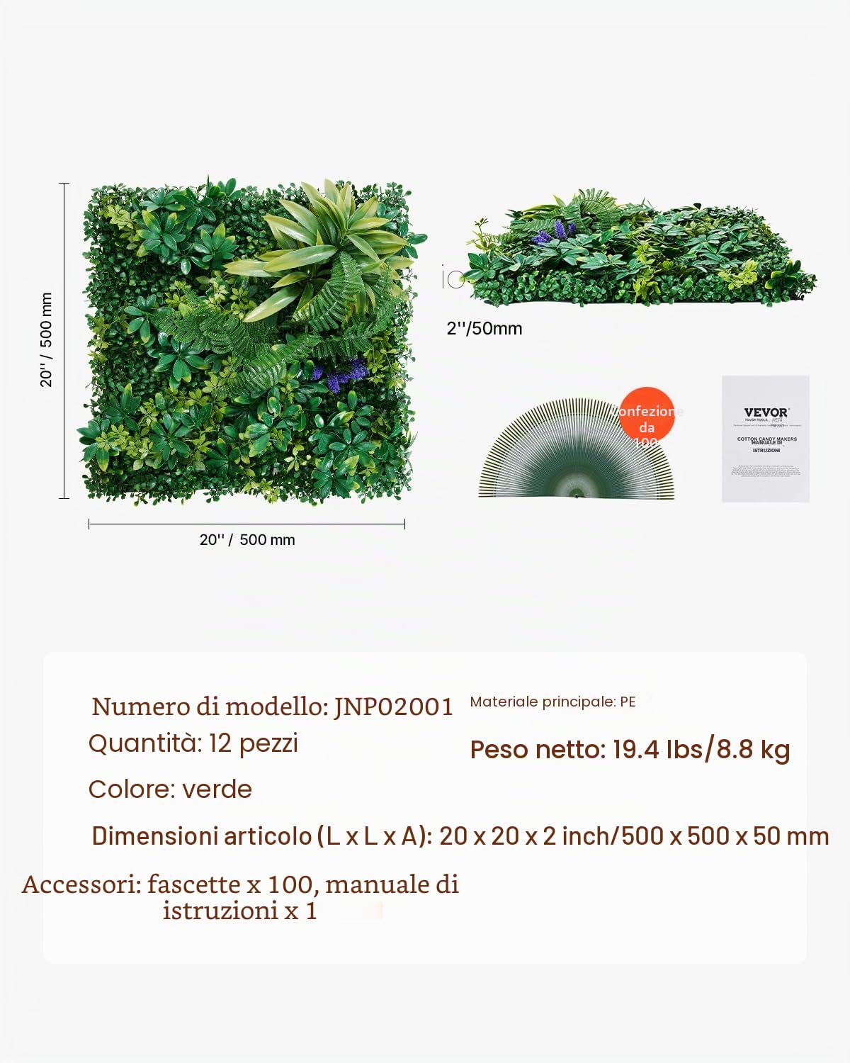 VEVOR Pannelli da Parete in Erba Artificiale 500 x 500 x 50 mm 12 Pezzi, Pannello di Bosso Verde Combinato 3D per Decorazioni Verdi per Interni ed Esterni e Copertura di Recinzione in Edera, Verde