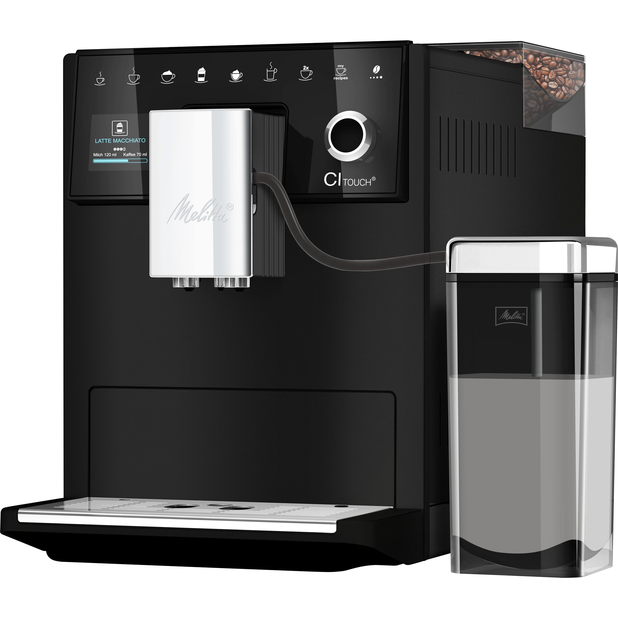 Melitta CI Touch – w pełni automatyczny ekspres do kawy – z systemem na mleko – dwukomorowy pojemnik na ziarna – wyświetlacz One Touch – 4-stopniowa regulacja mocy kawy – matowy czarny (F630-112)