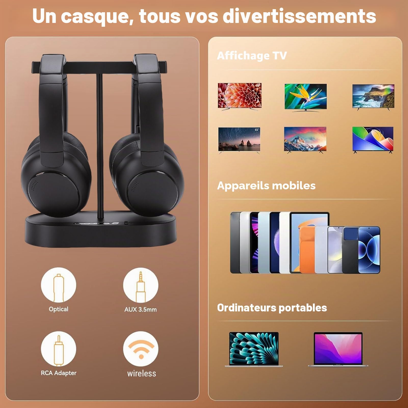 Vikye Double Casque TV sans Fil avec Base de Chargement de L'émetteur, Autonomie de 40 Heures, Casque Bluetooth 5.4 2.4G sur L'oreille pour Personnes âgées