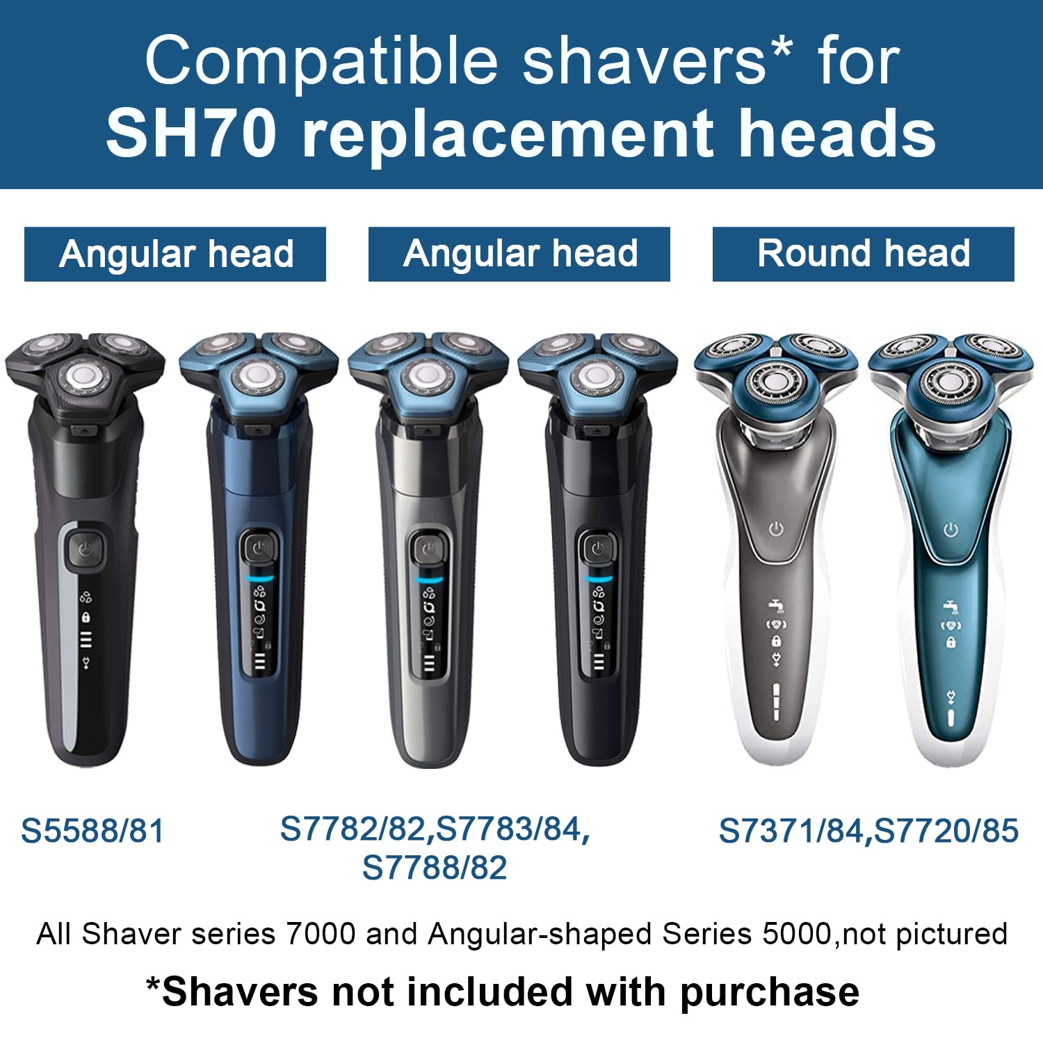 SH70 Replacement Heads Compatible with Philips Norelco Series 7000 (S7788) and Series 5400 (S5880), Replacement Blades for Philips Norelco 7000, 6-pc Pack