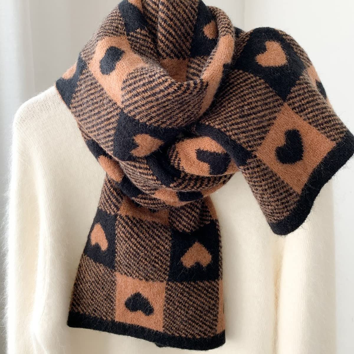 Bufanda de punto para mujer, con diseño de cuadros en forma de corazón, doble faz, suave y cálida, ideal para otoño e invierno.