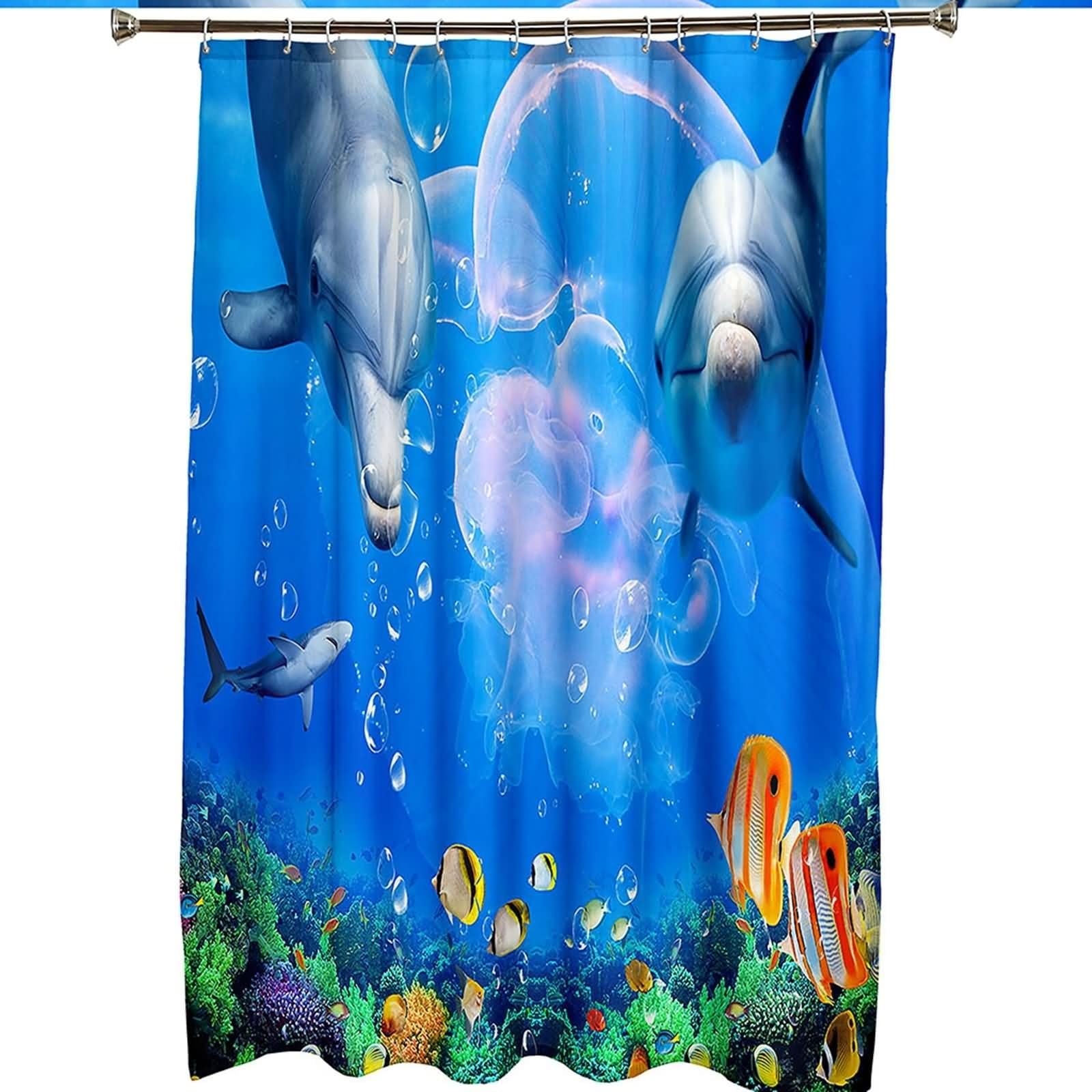 Cortina de ducha rústica, juegos de cortinas de ducha para baño, mundo subacuático, delfín, medusas, azul, verde, poliéster, 66 x 80 pulgadas